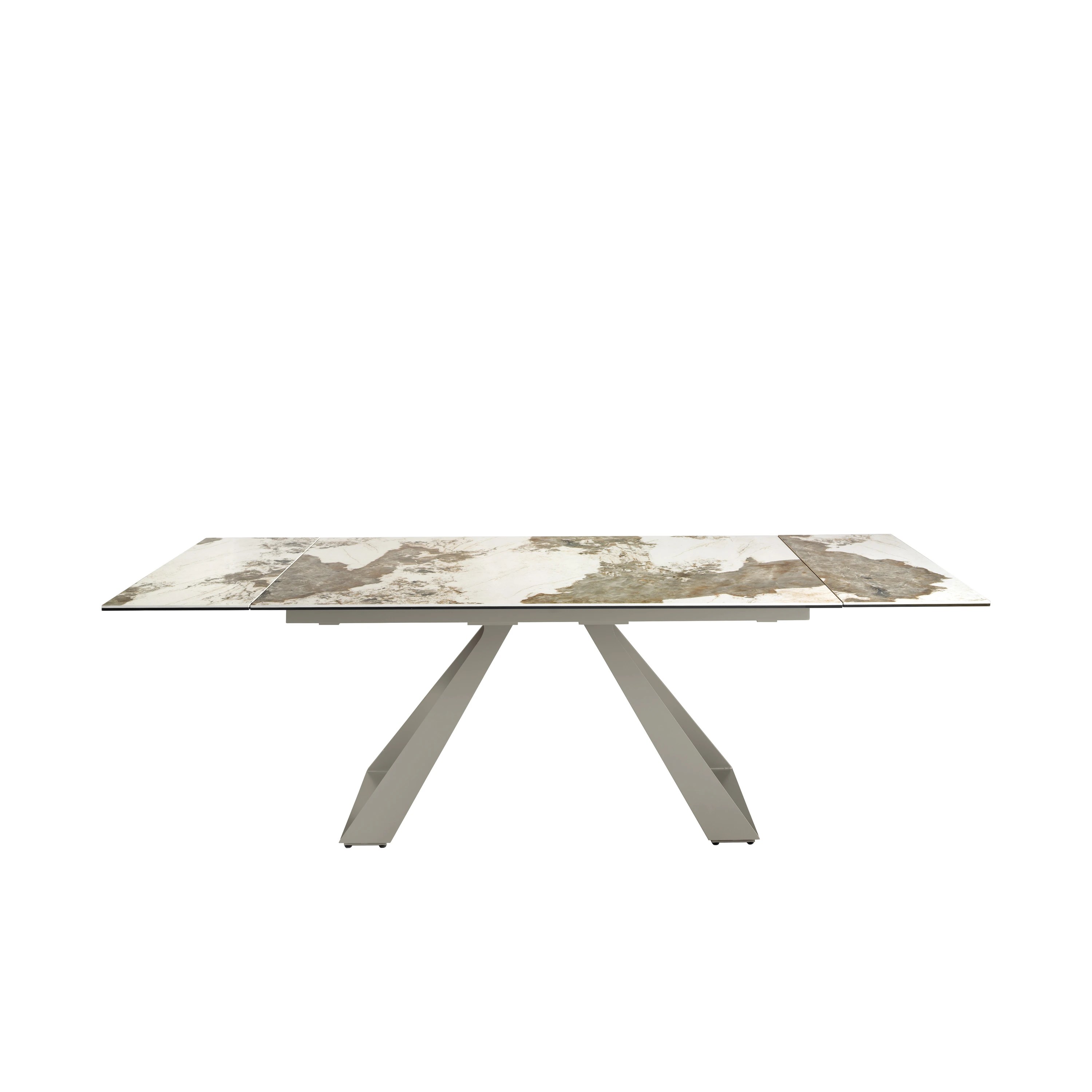 Table de salle à manger rectangulaire à rallonge en marbre porcelaine et acier gris taupe
