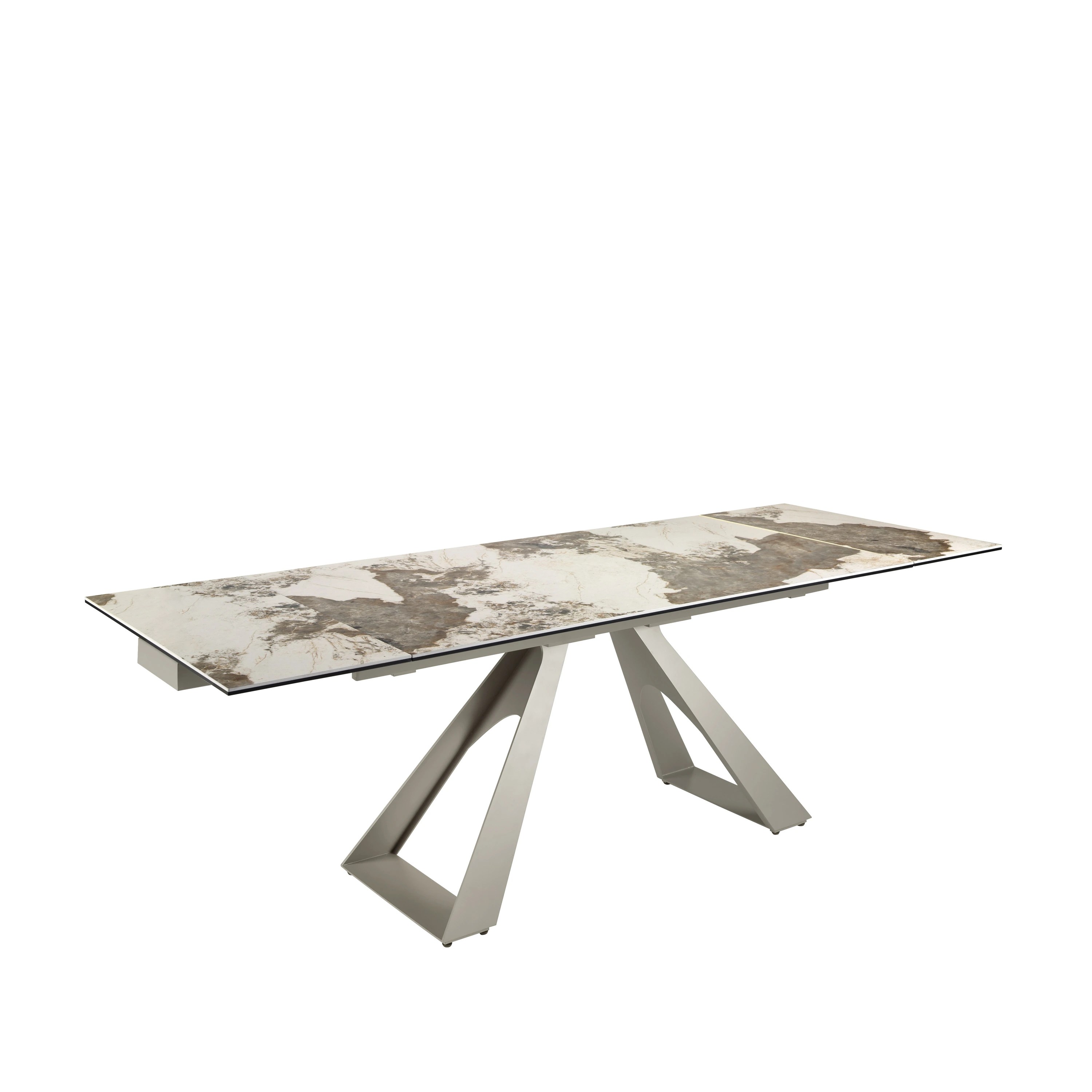 Table de salle à manger rectangulaire à rallonge en marbre porcelaine et acier gris taupe