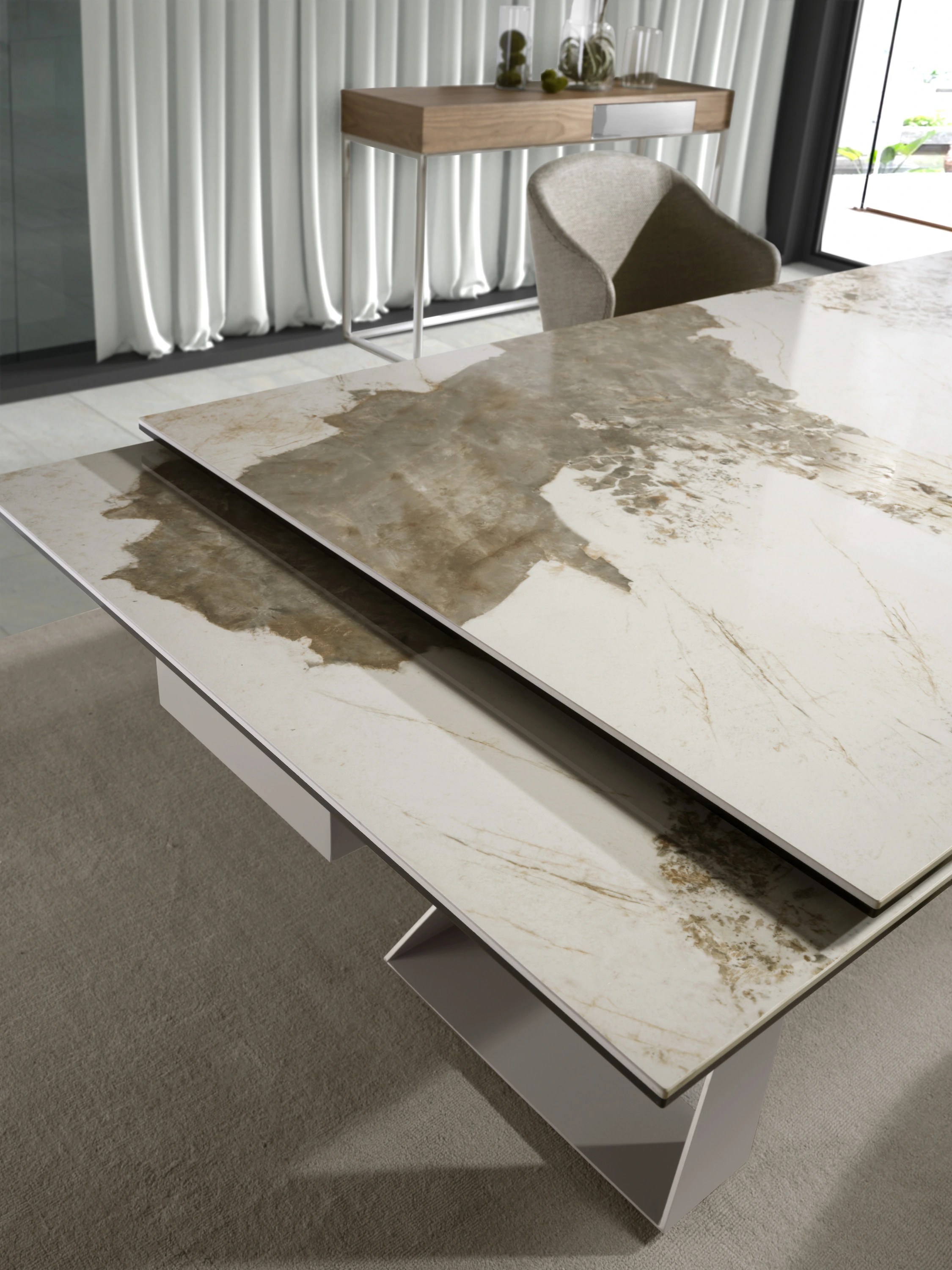 Table de salle à manger rectangulaire à rallonge en marbre porcelaine et acier gris taupe