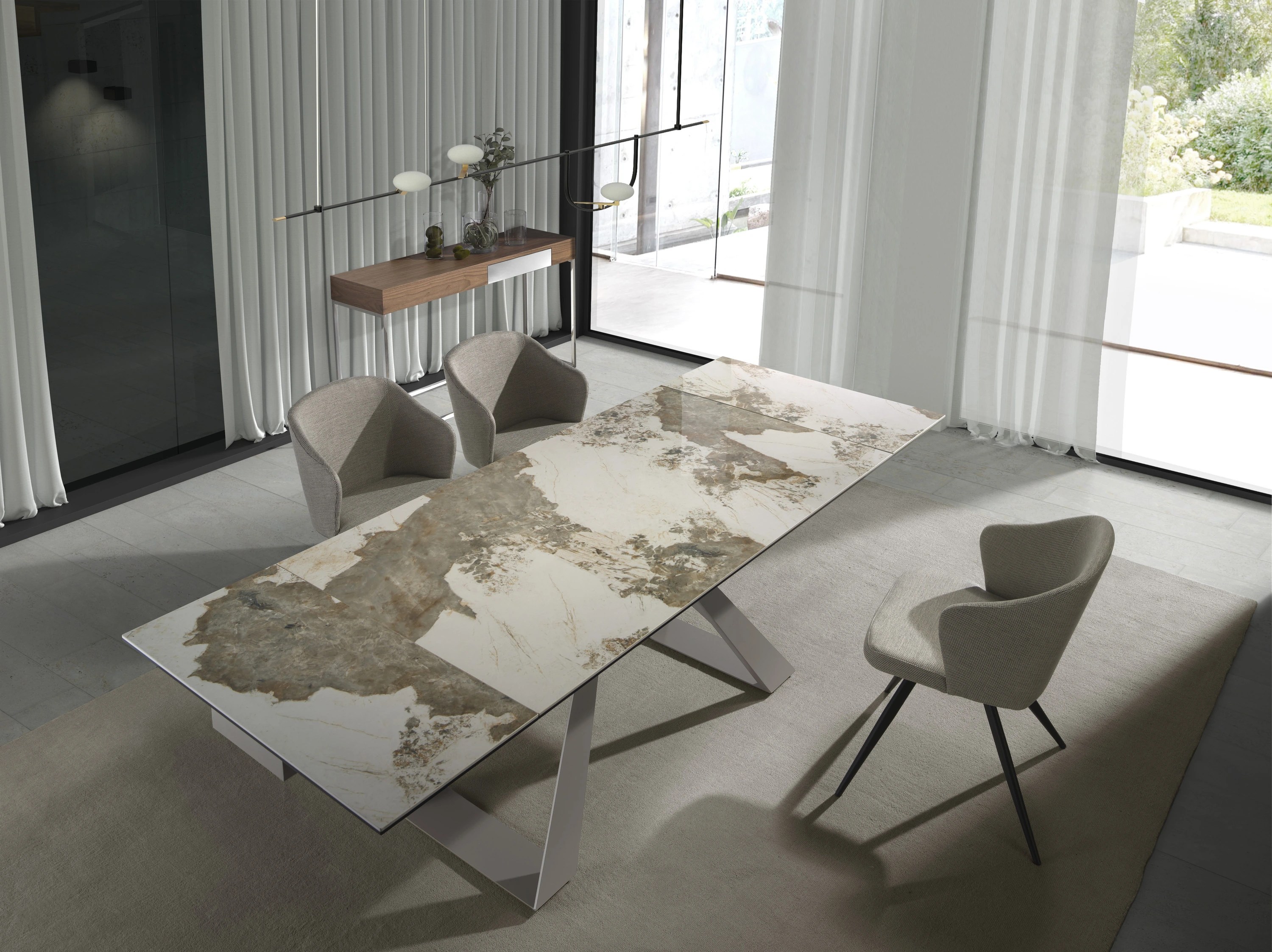Table de salle à manger rectangulaire à rallonge en marbre porcelaine et acier gris taupe