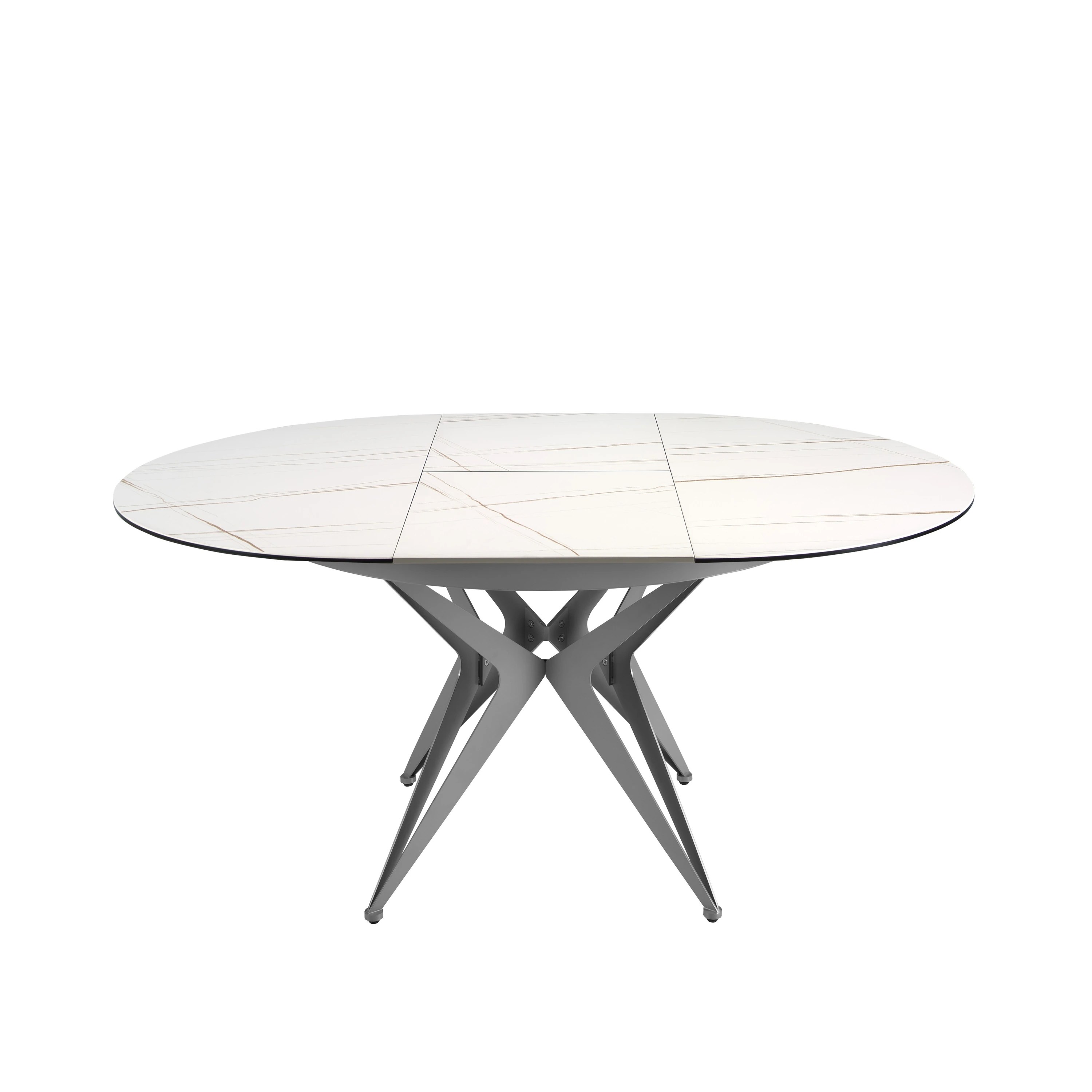 Table de salle à manger ronde à rallonge en marbre porcelaine et acier gris