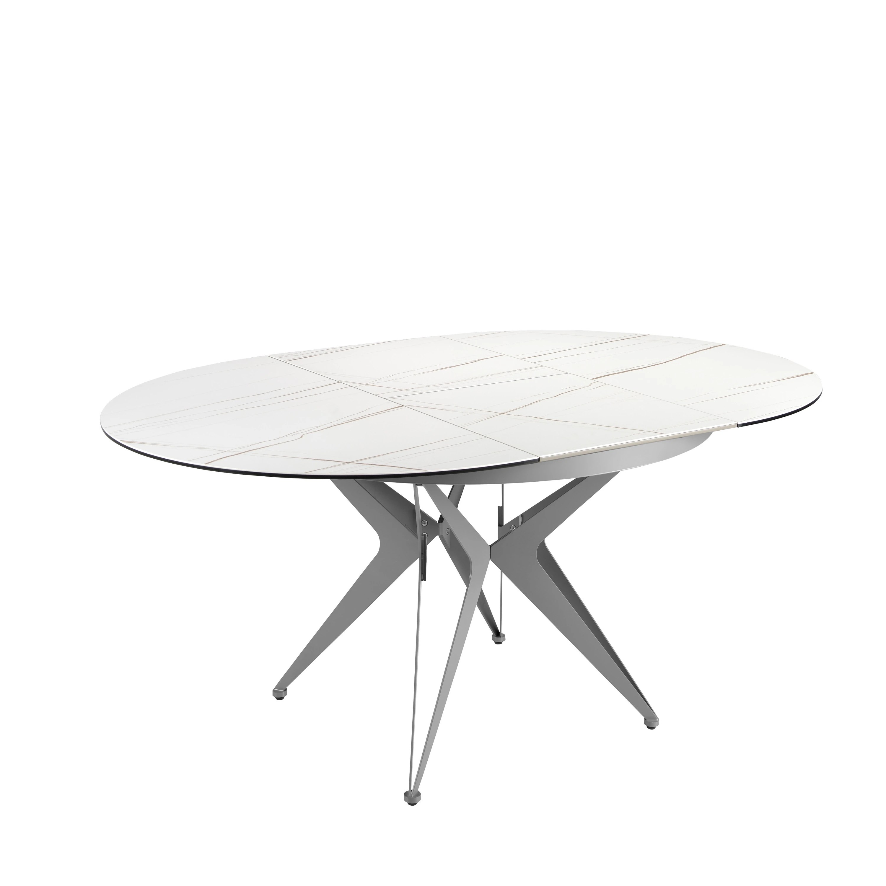 Table de salle à manger ronde à rallonge en marbre porcelaine et acier gris