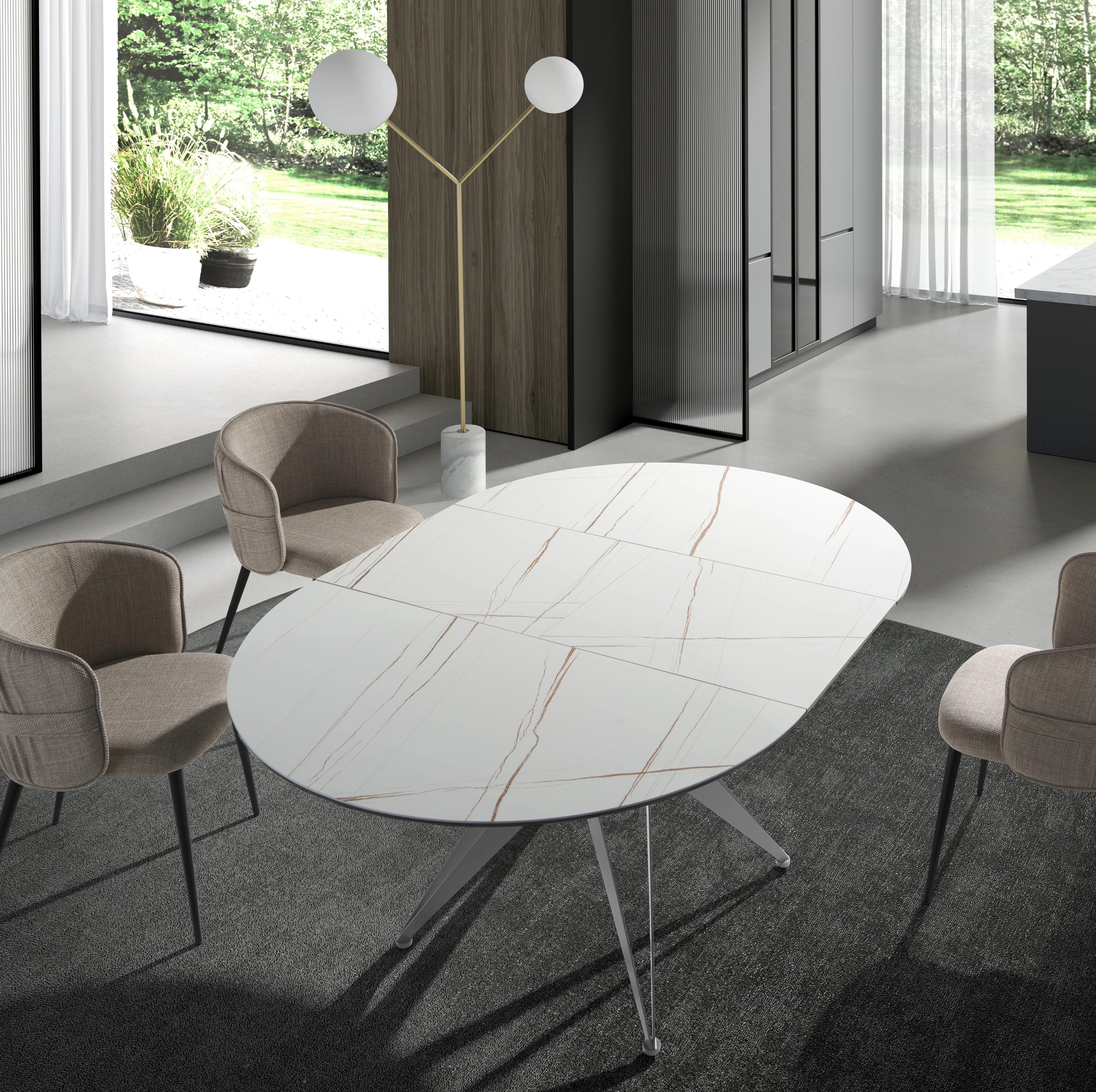 Table de salle à manger ronde à rallonge en marbre porcelaine et acier gris