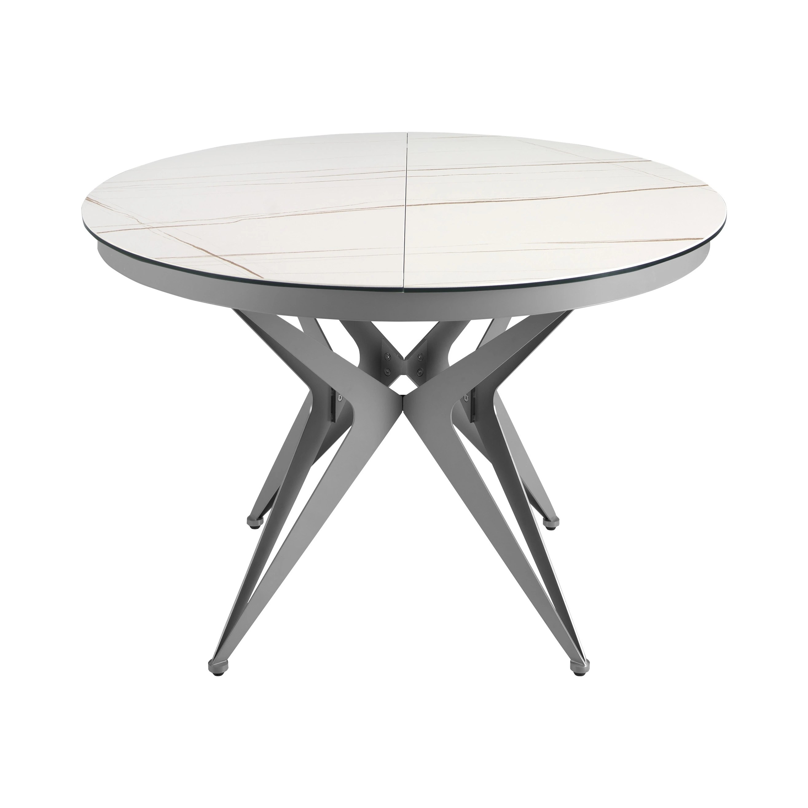 Table de salle à manger ronde à rallonge en marbre porcelaine et acier gris
