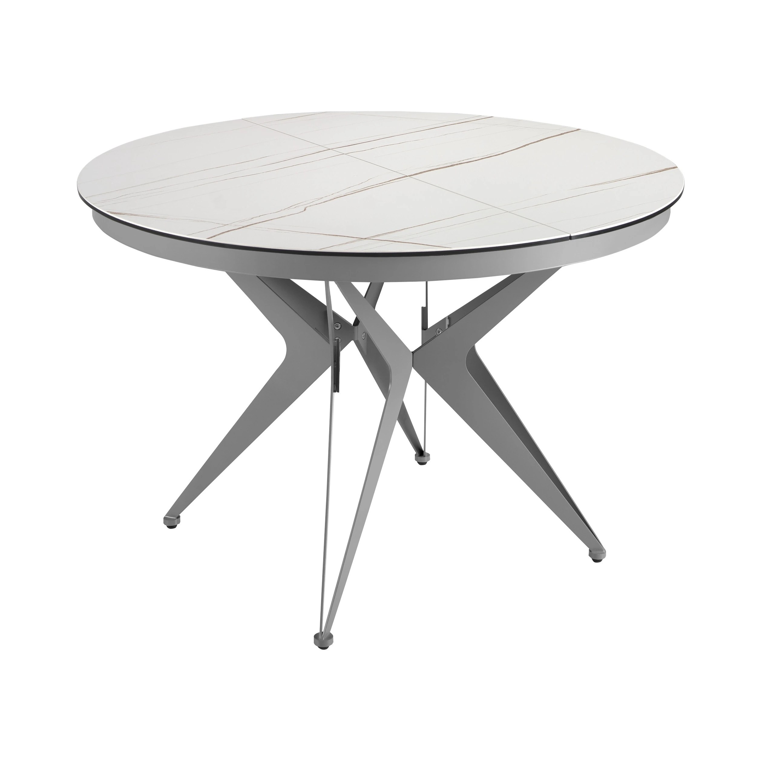 Table de salle à manger ronde à rallonge en marbre porcelaine et acier gris