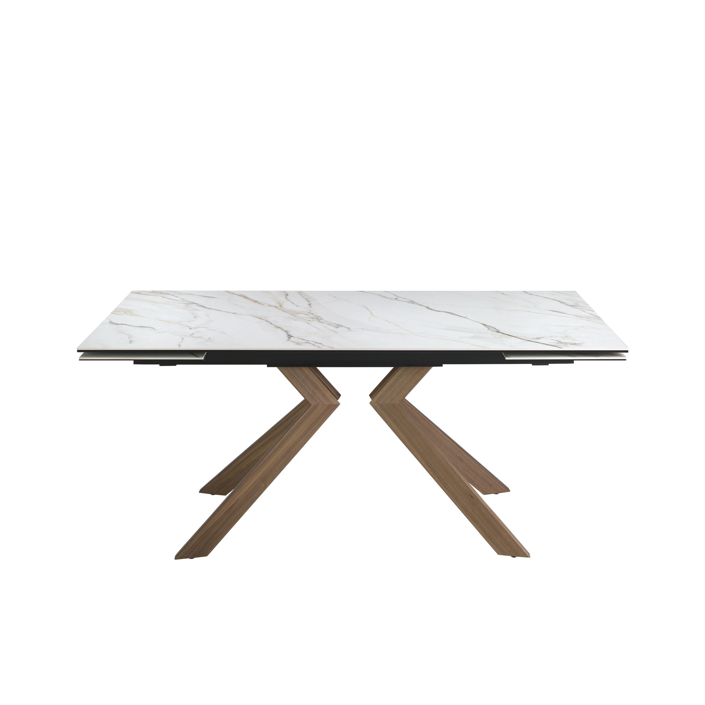 Table de salle à manger rectangulaire à rallonge en marbre porcelaine et acier effet noyer