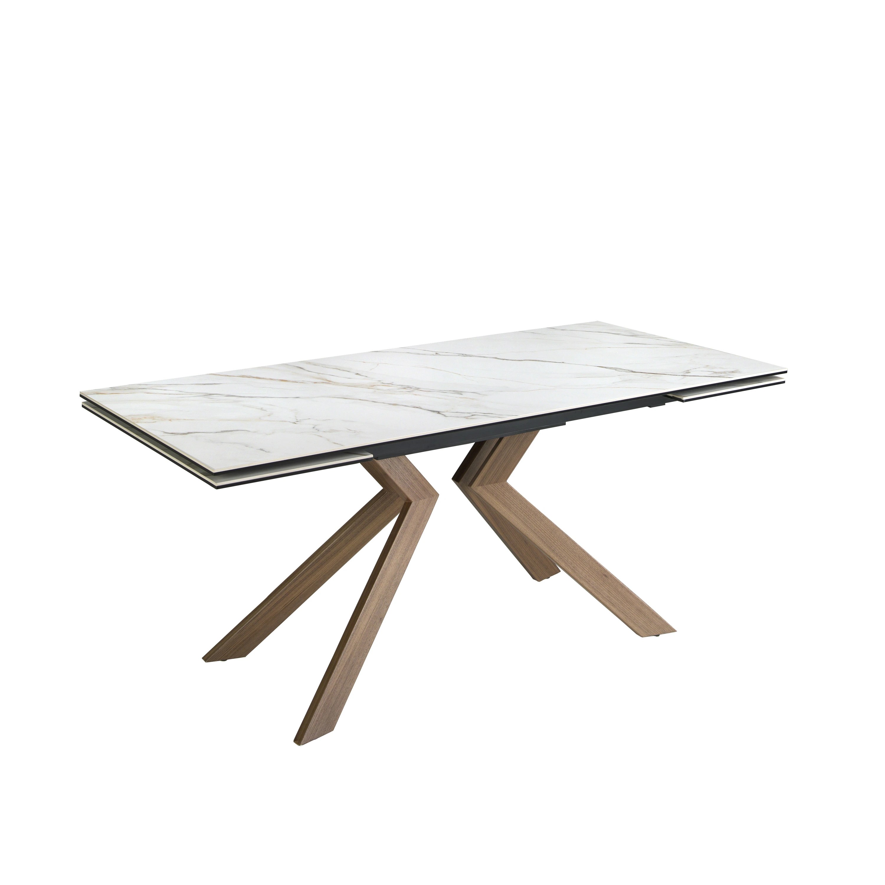 Table de salle à manger rectangulaire à rallonge en marbre porcelaine et acier effet noyer