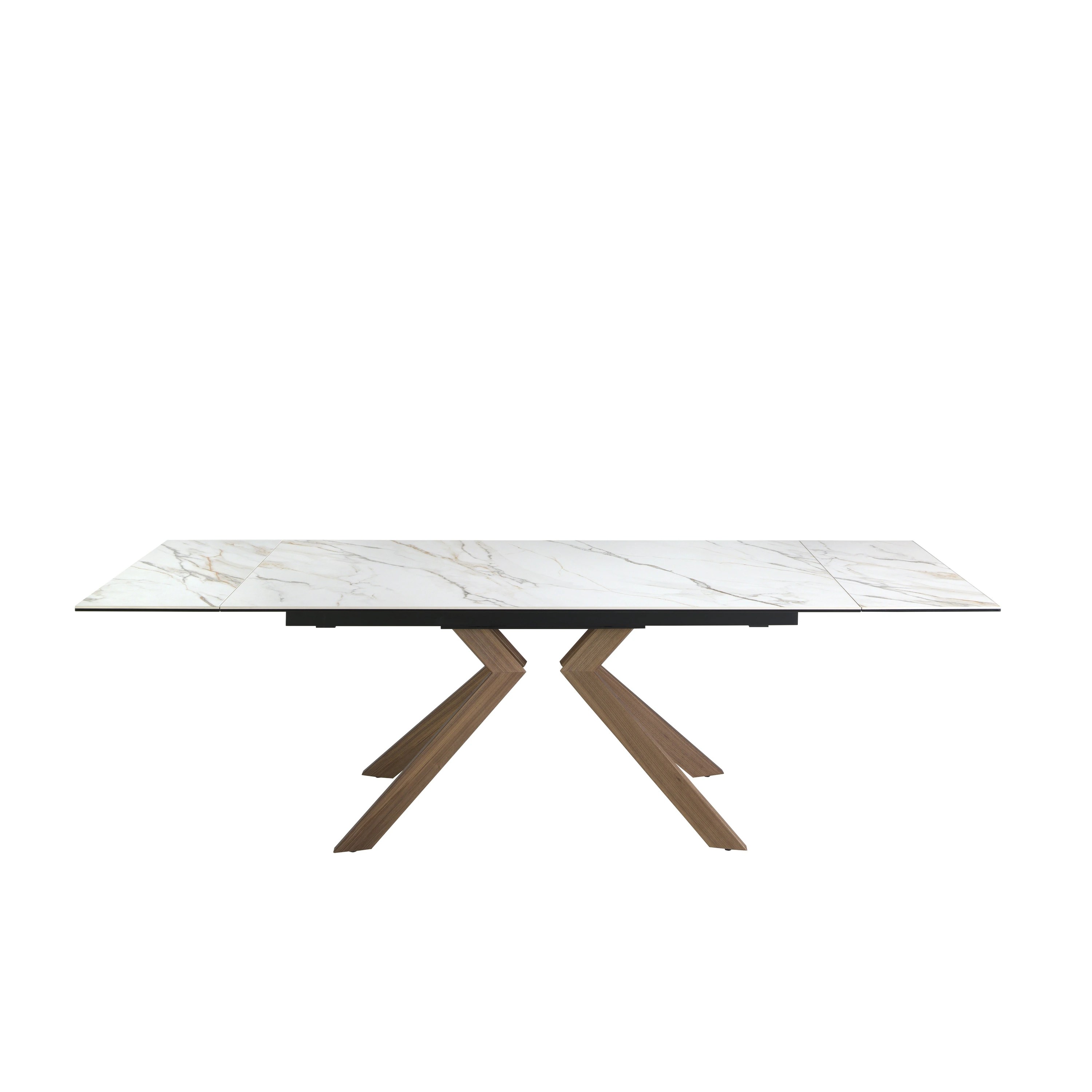 Table de salle à manger rectangulaire à rallonge en marbre porcelaine et acier effet noyer
