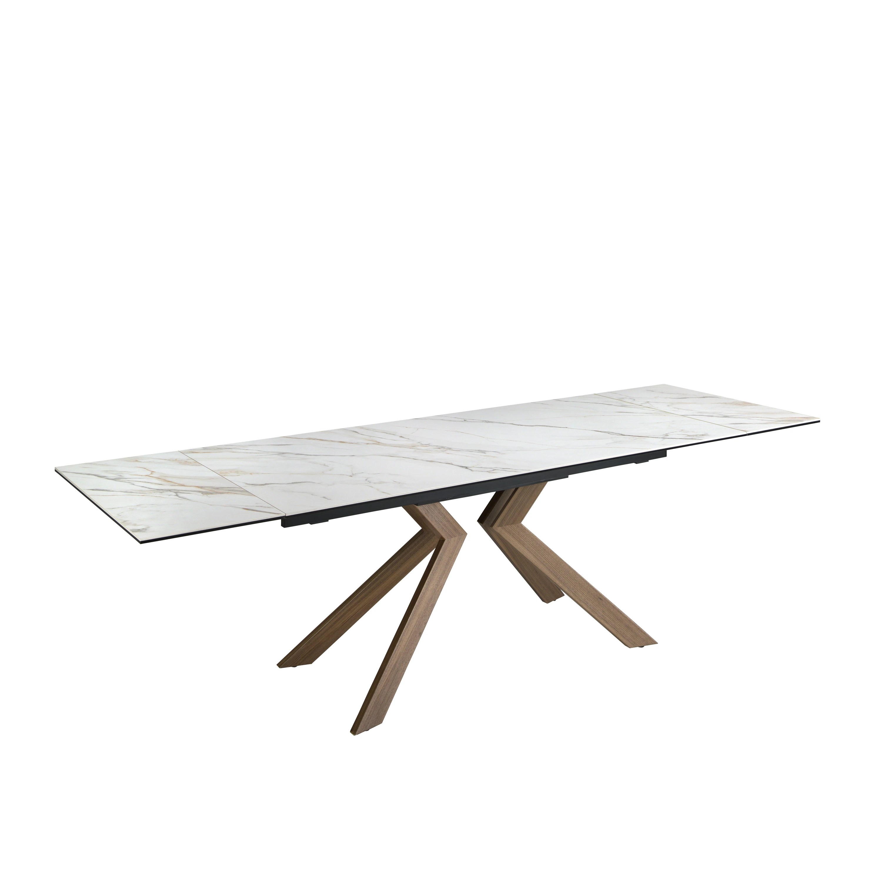 Table de salle à manger rectangulaire à rallonge en marbre porcelaine et acier effet noyer
