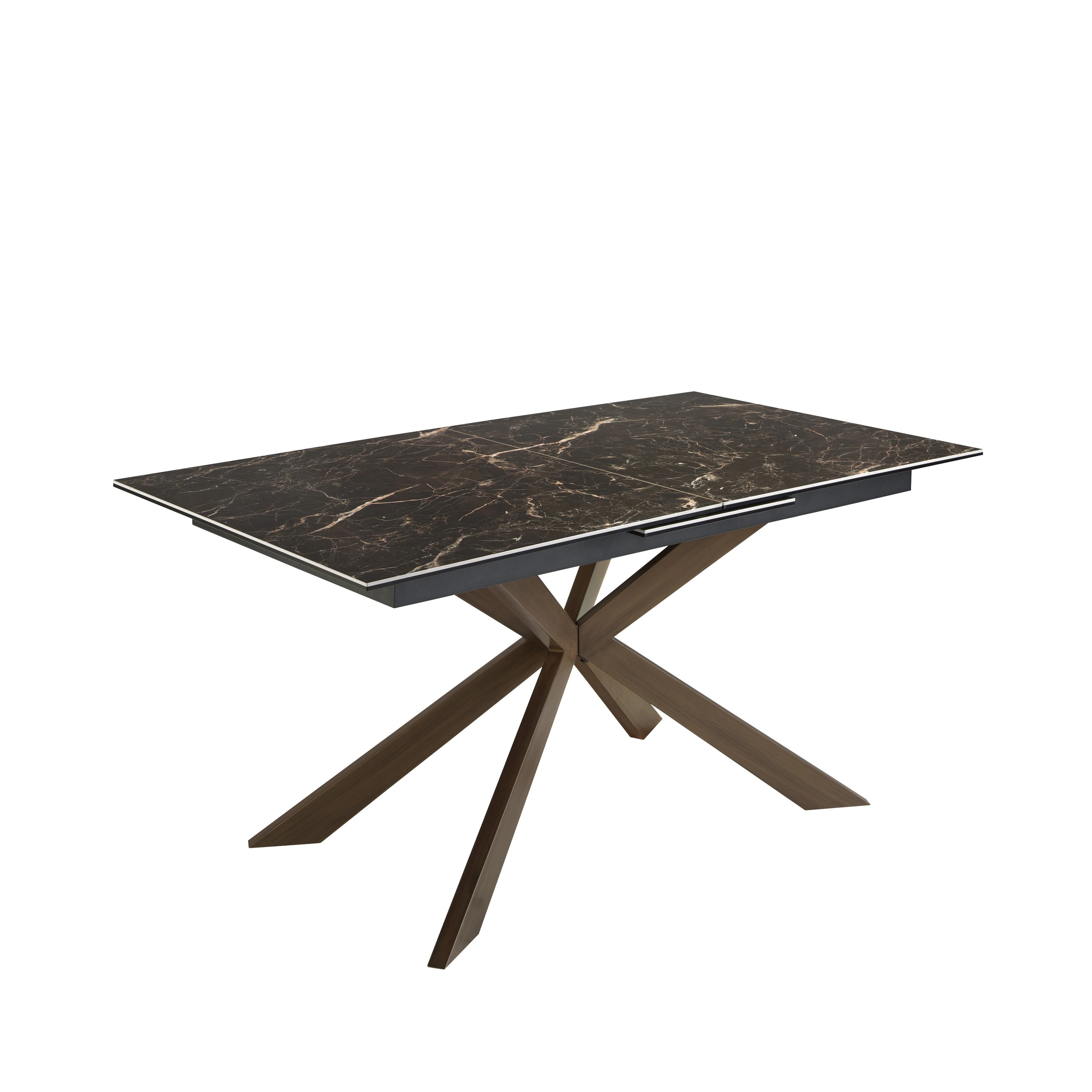 Table à manger à rallonge rectangulaire marbre porcelaine et acier effet noyer