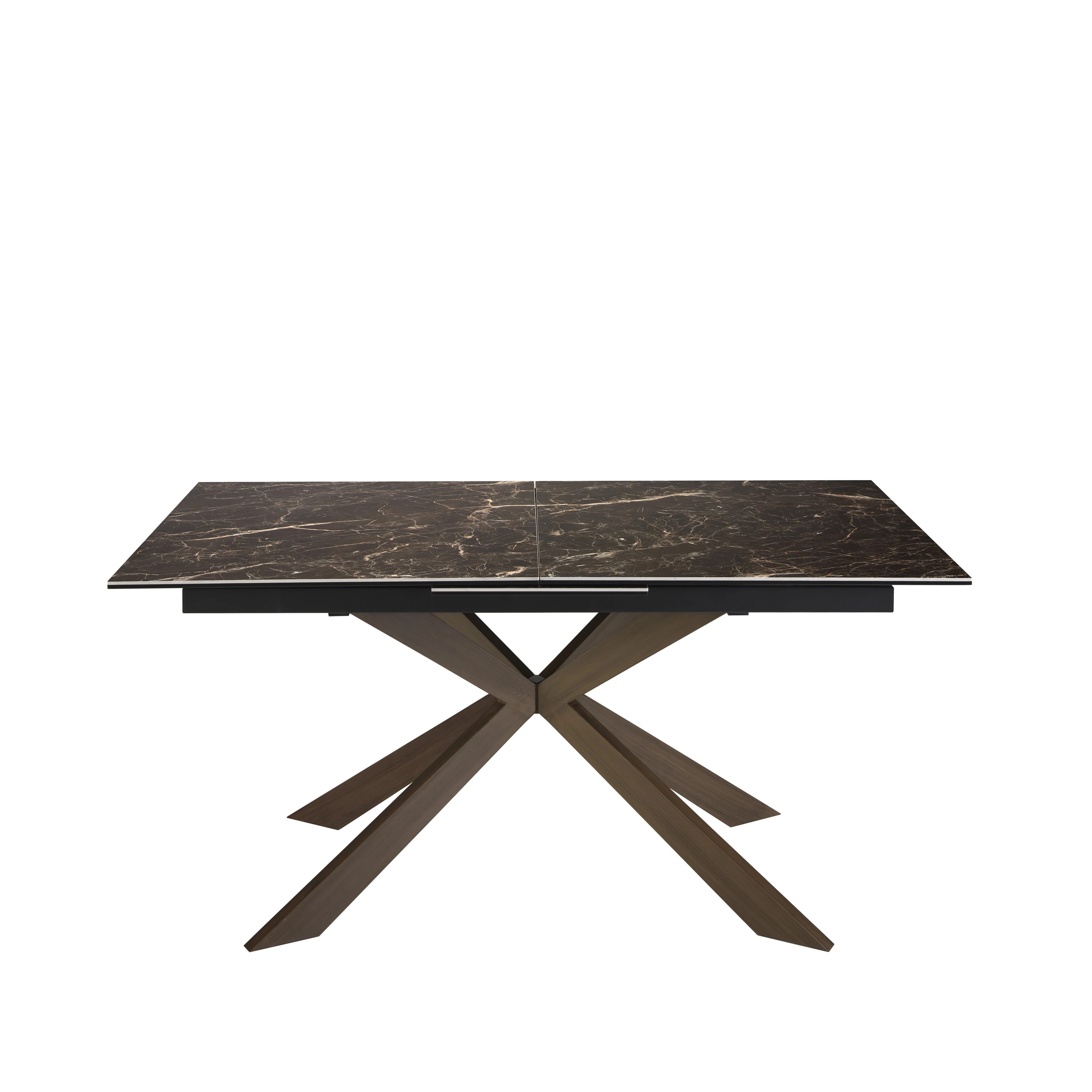 Table à manger à rallonge rectangulaire marbre porcelaine et acier effet noyer