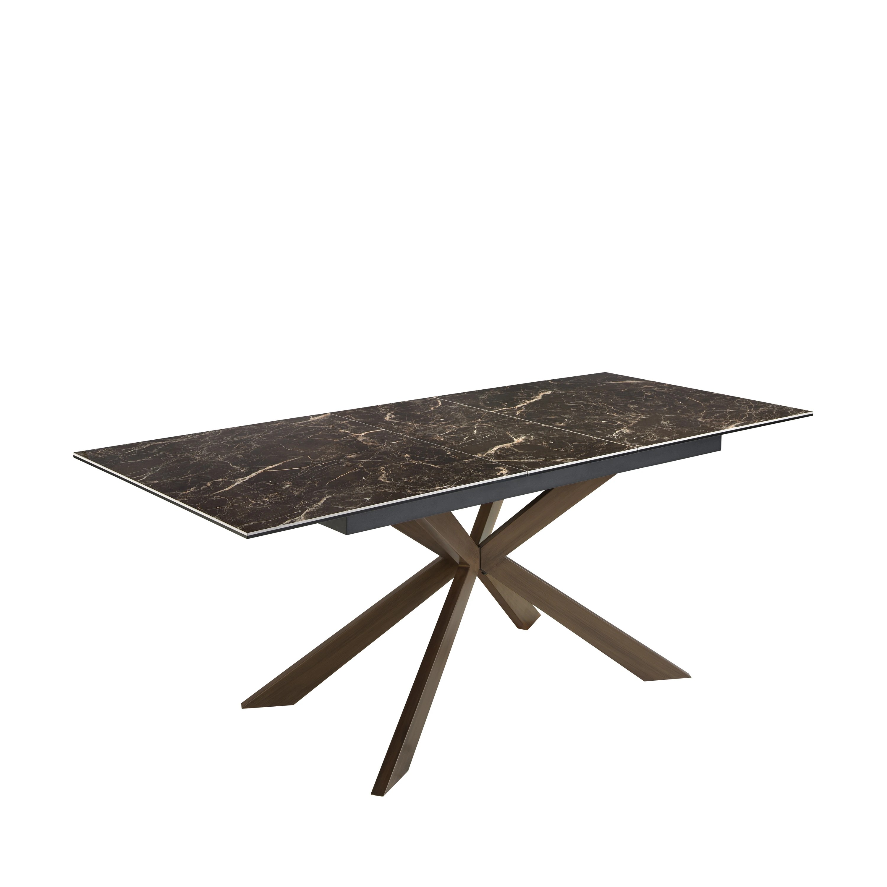 Table à manger à rallonge rectangulaire marbre porcelaine et acier effet noyer