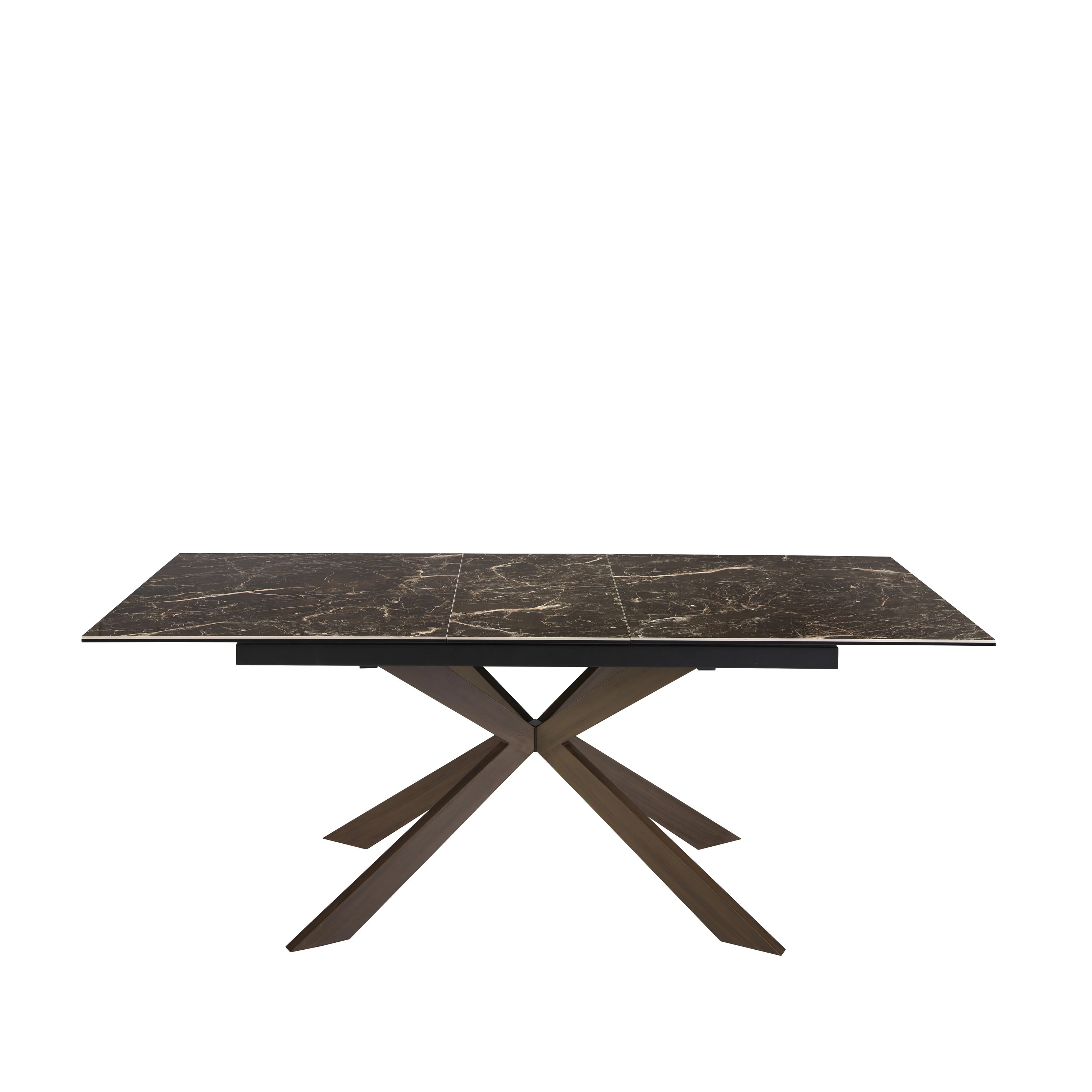 Table à manger à rallonge rectangulaire marbre porcelaine et acier effet noyer