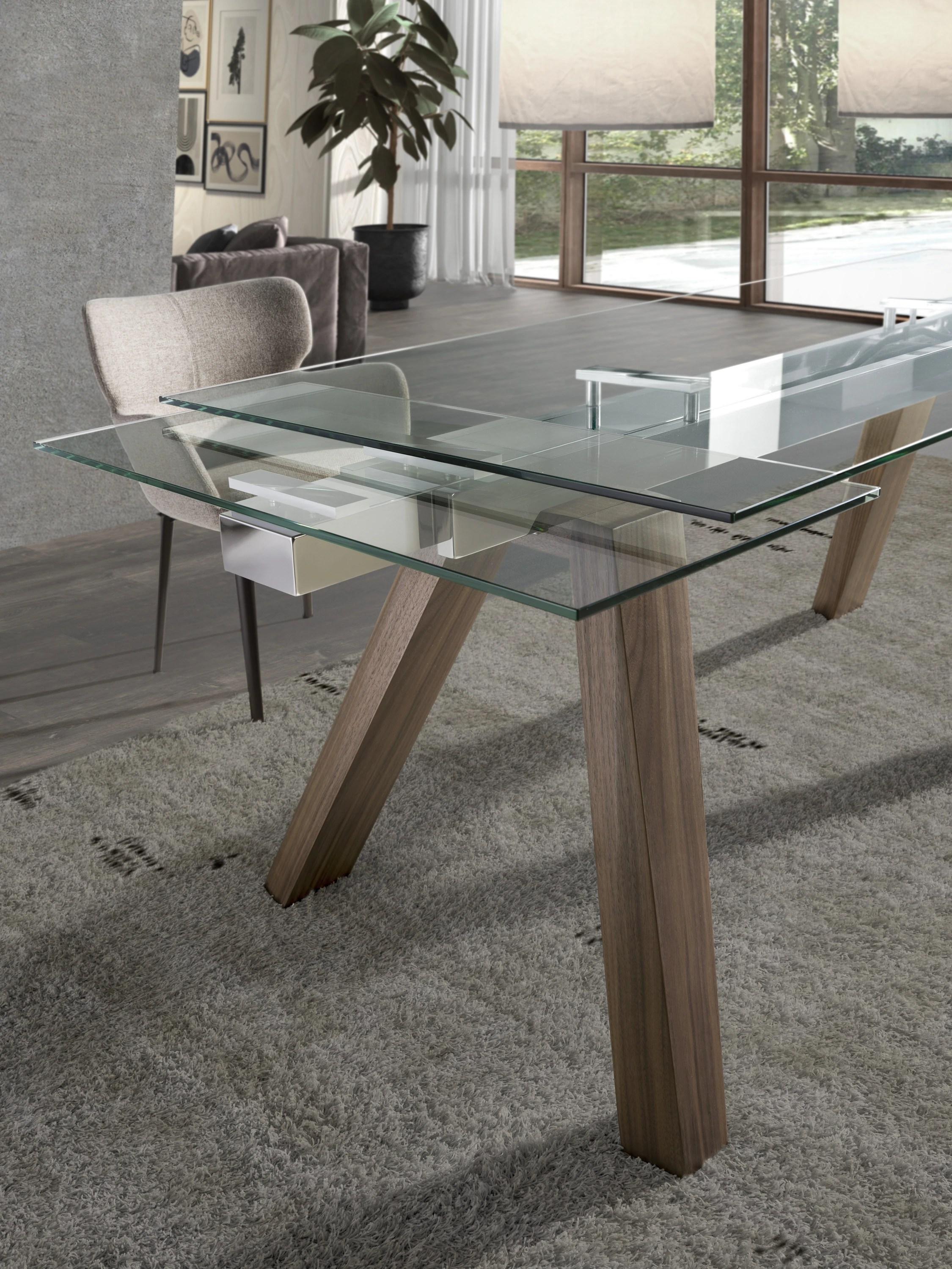 Table à manger à rallonge rectangulaire verre trempé et noyer