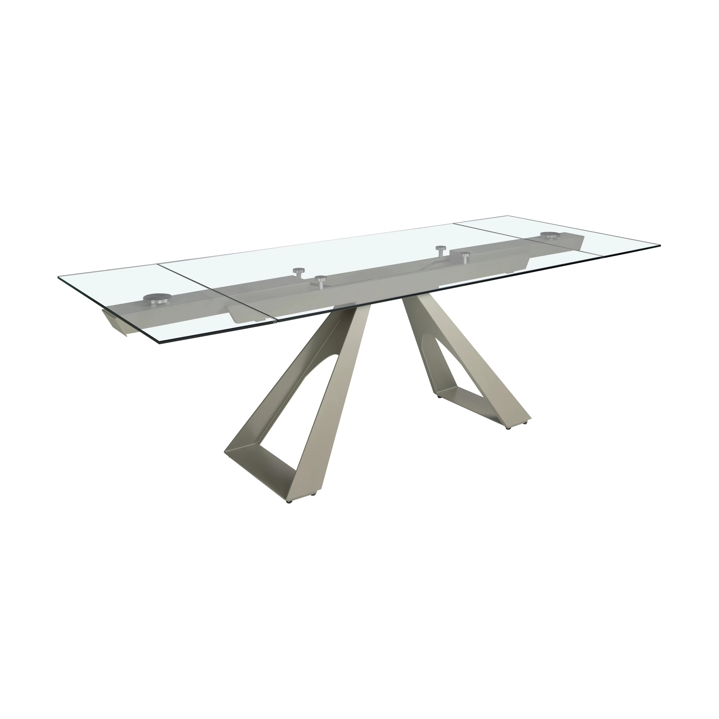 Table de salle à manger rectangulaire à rallonge en verre trempé et acier gris taupe