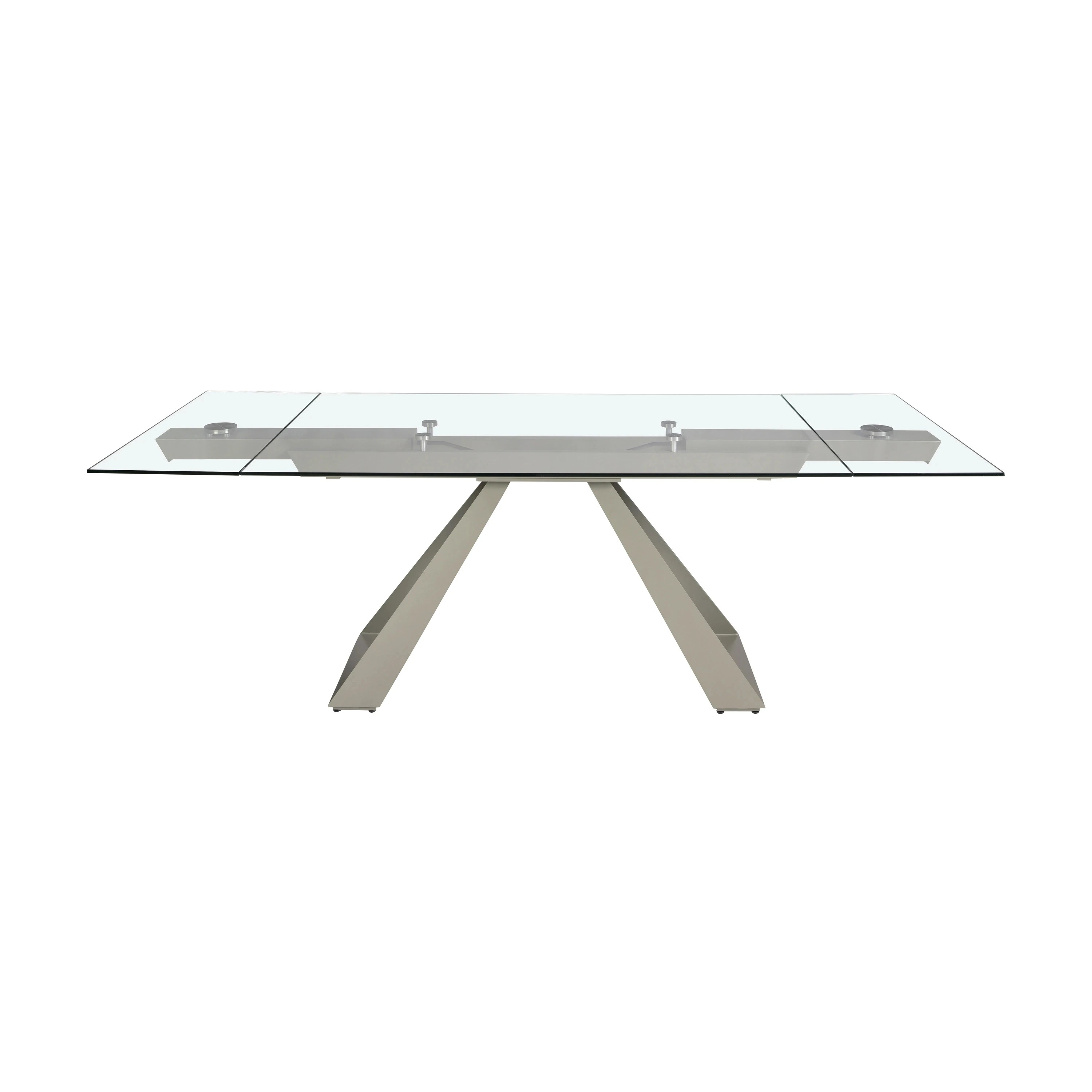 Table de salle à manger rectangulaire à rallonge en verre trempé et acier gris taupe