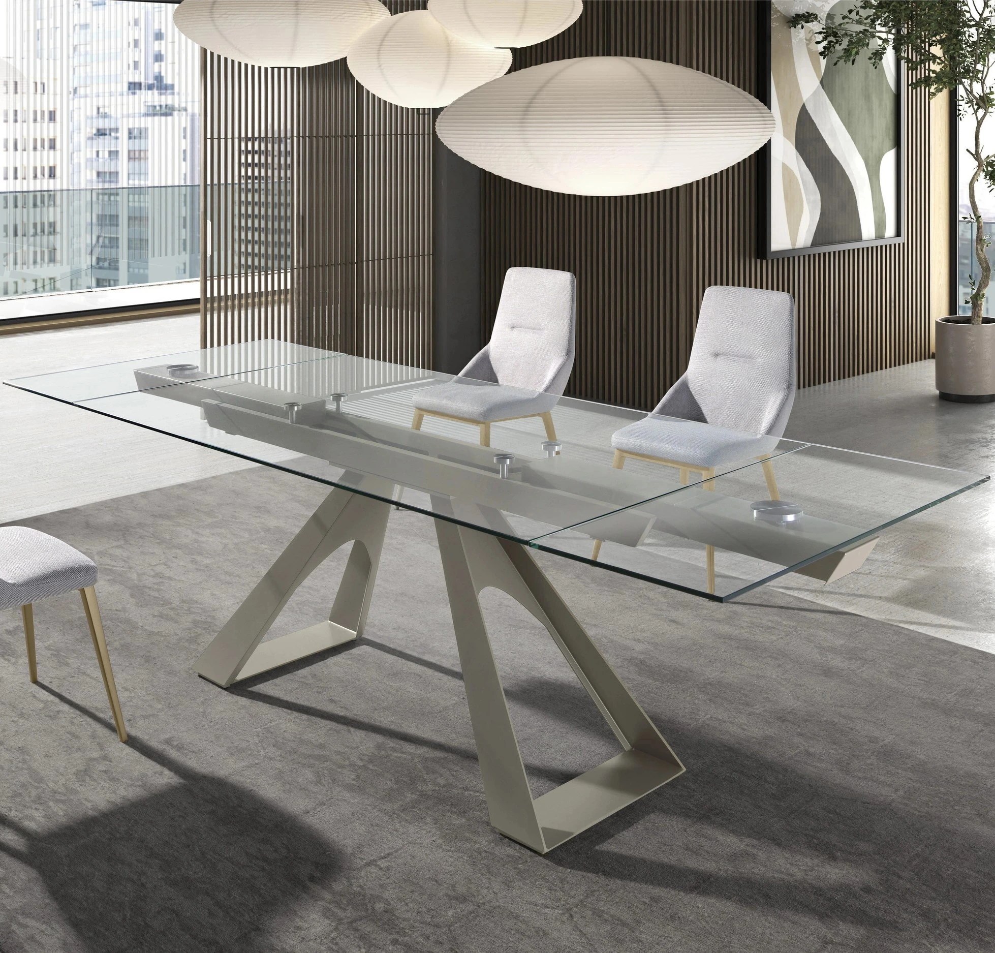 Table de salle à manger rectangulaire à rallonge en verre trempé et acier gris taupe