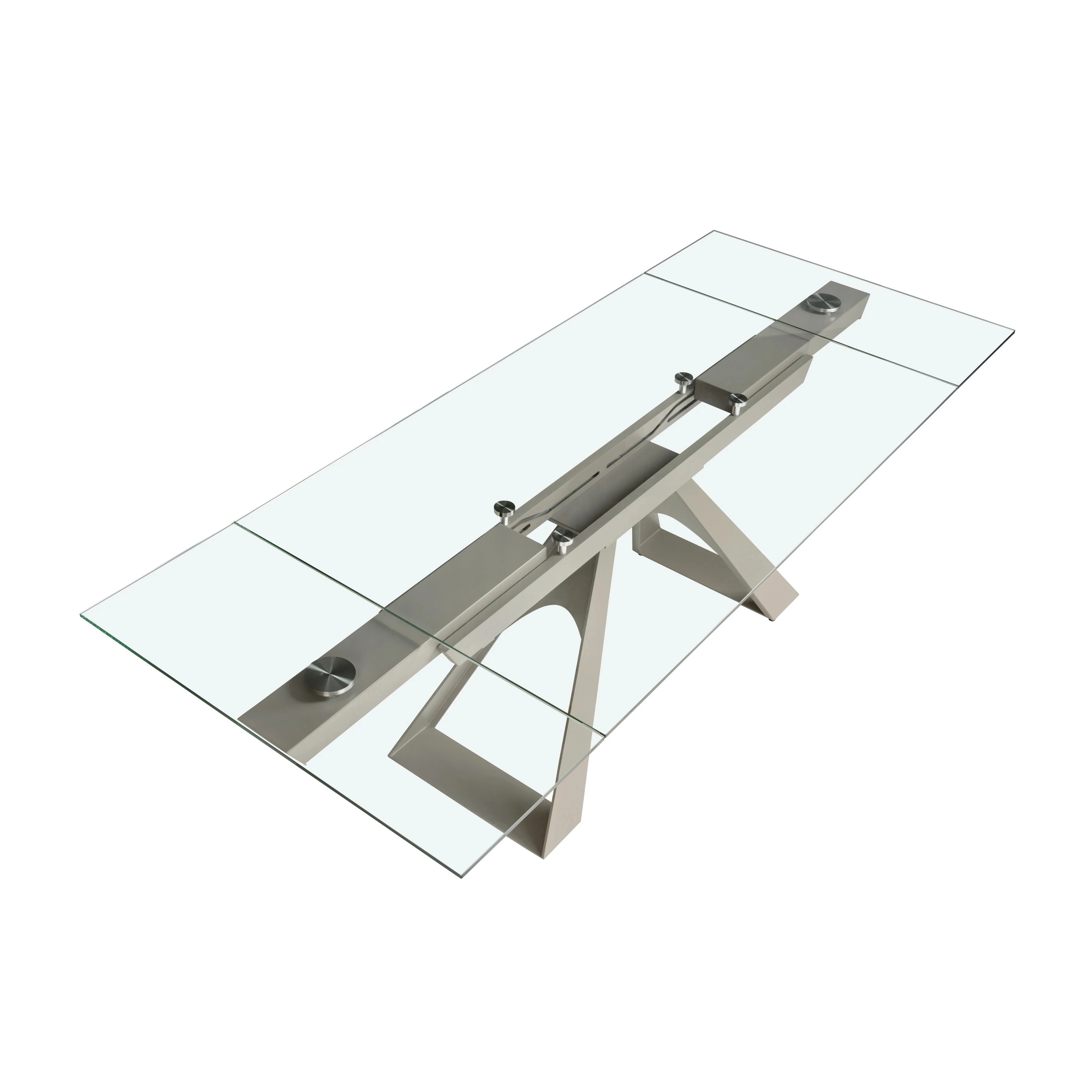 Table de salle à manger rectangulaire à rallonge en verre trempé et acier gris taupe