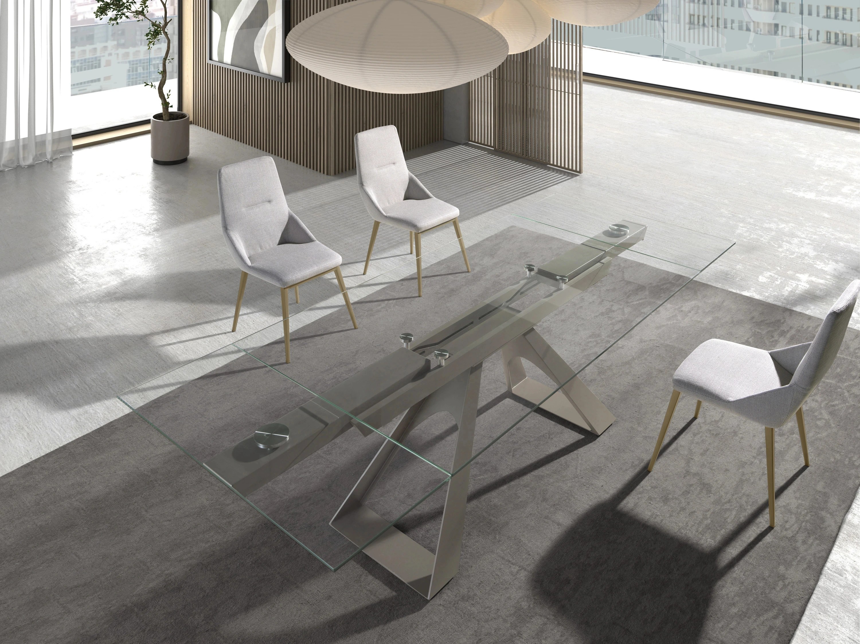 Table de salle à manger rectangulaire à rallonge en verre trempé et acier gris taupe