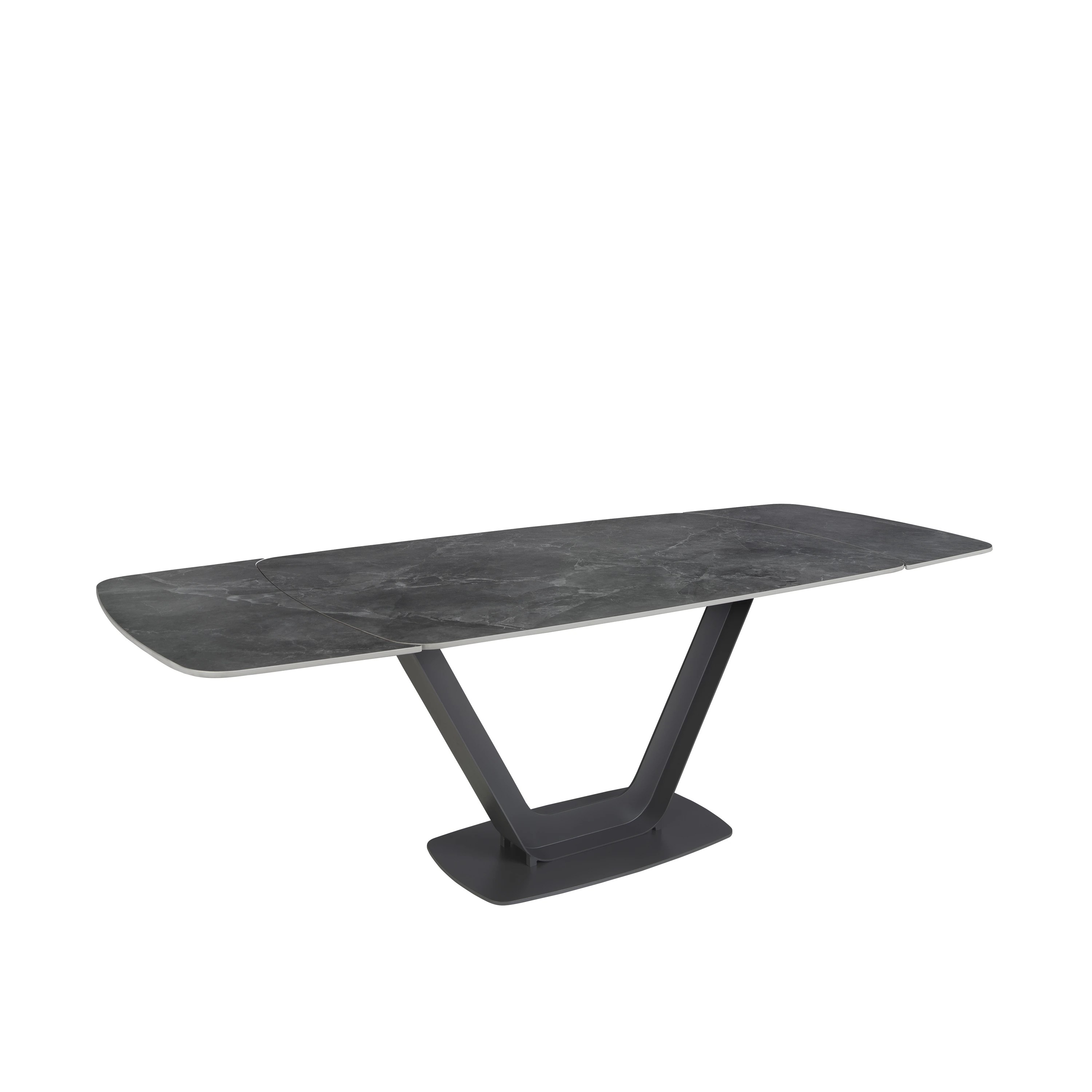 Table à manger à rallonge baril ovale marbre porcelaine et acier noir