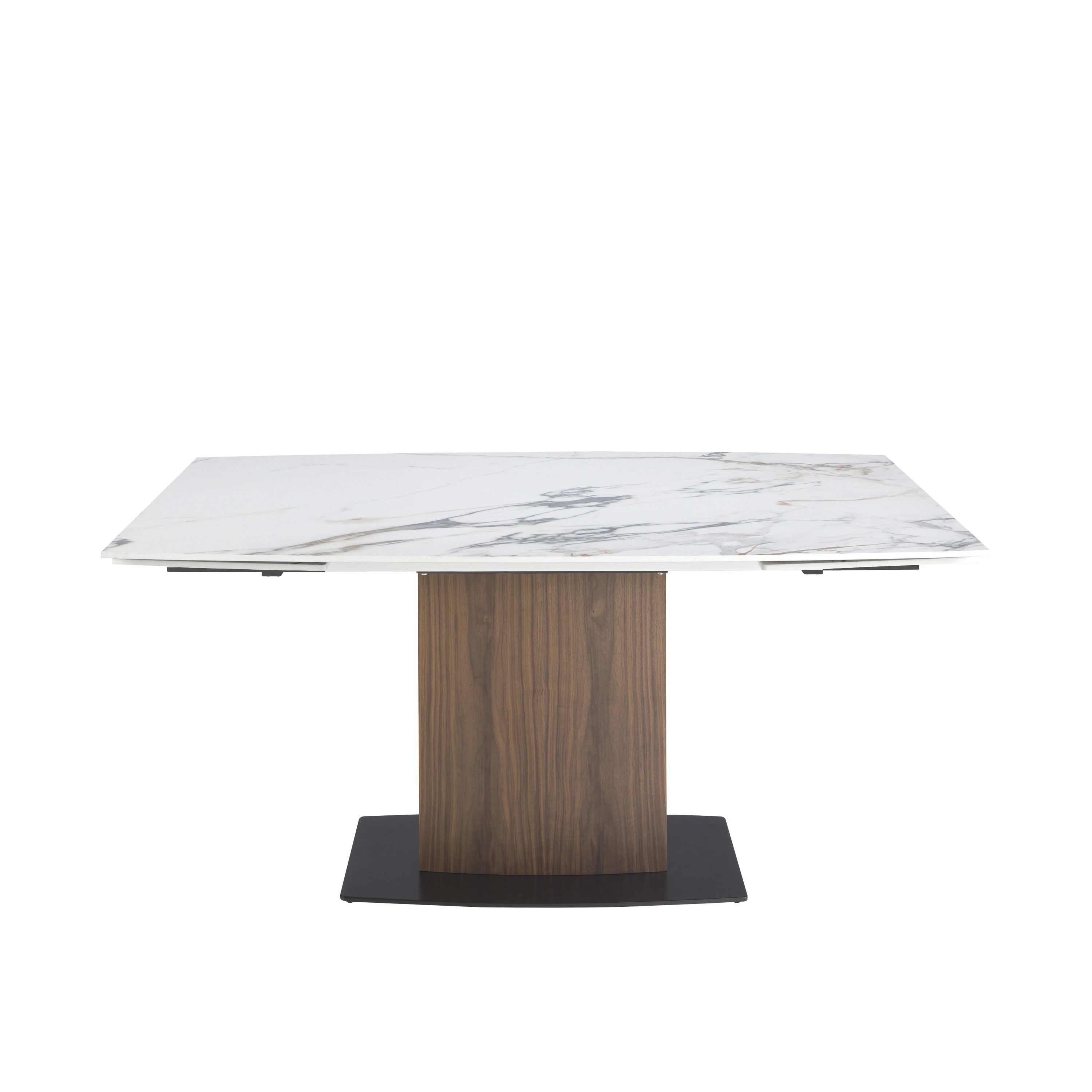 Table à manger à rallonge baril ovale marbre porcelaine et noyer