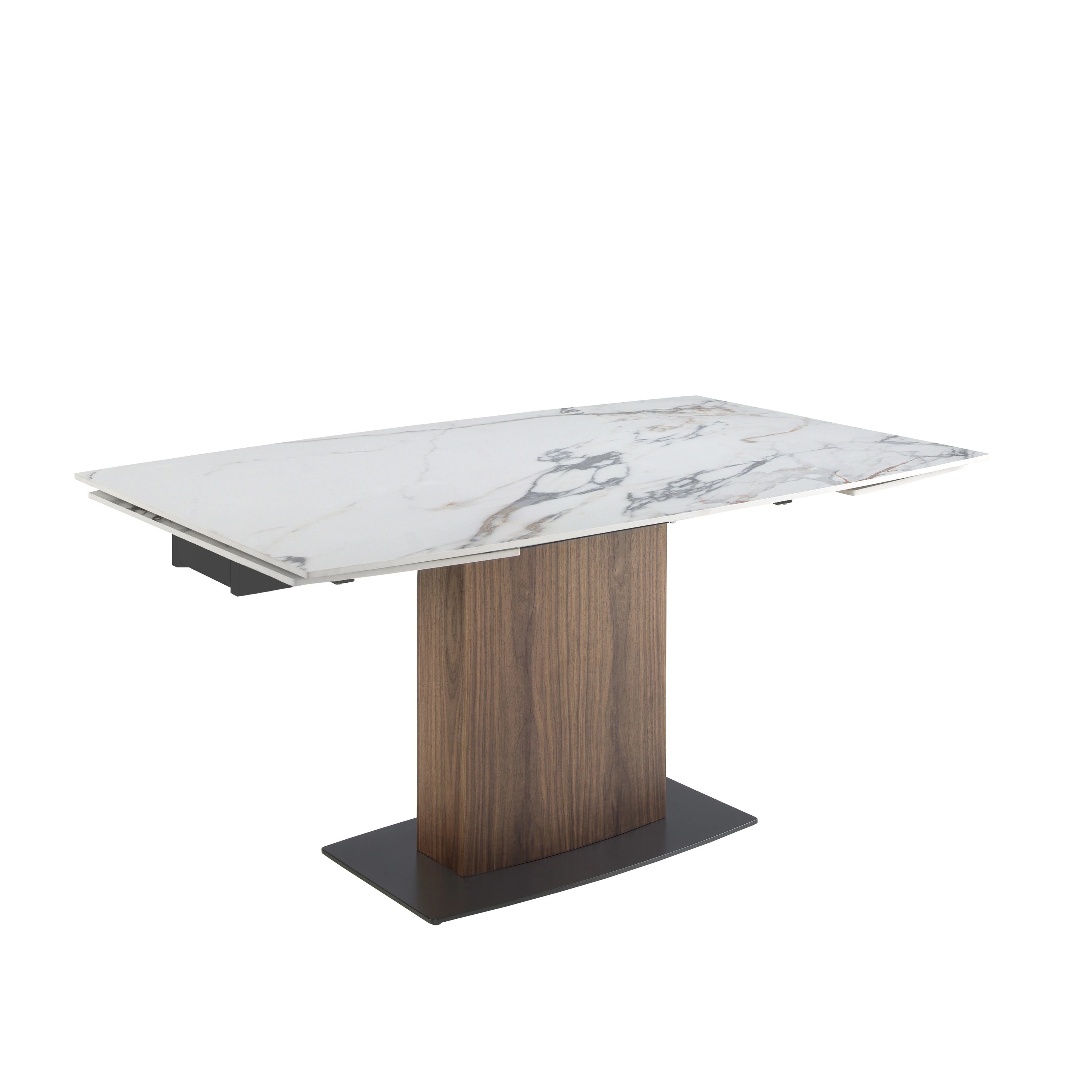 Table à manger à rallonge baril ovale marbre porcelaine et noyer