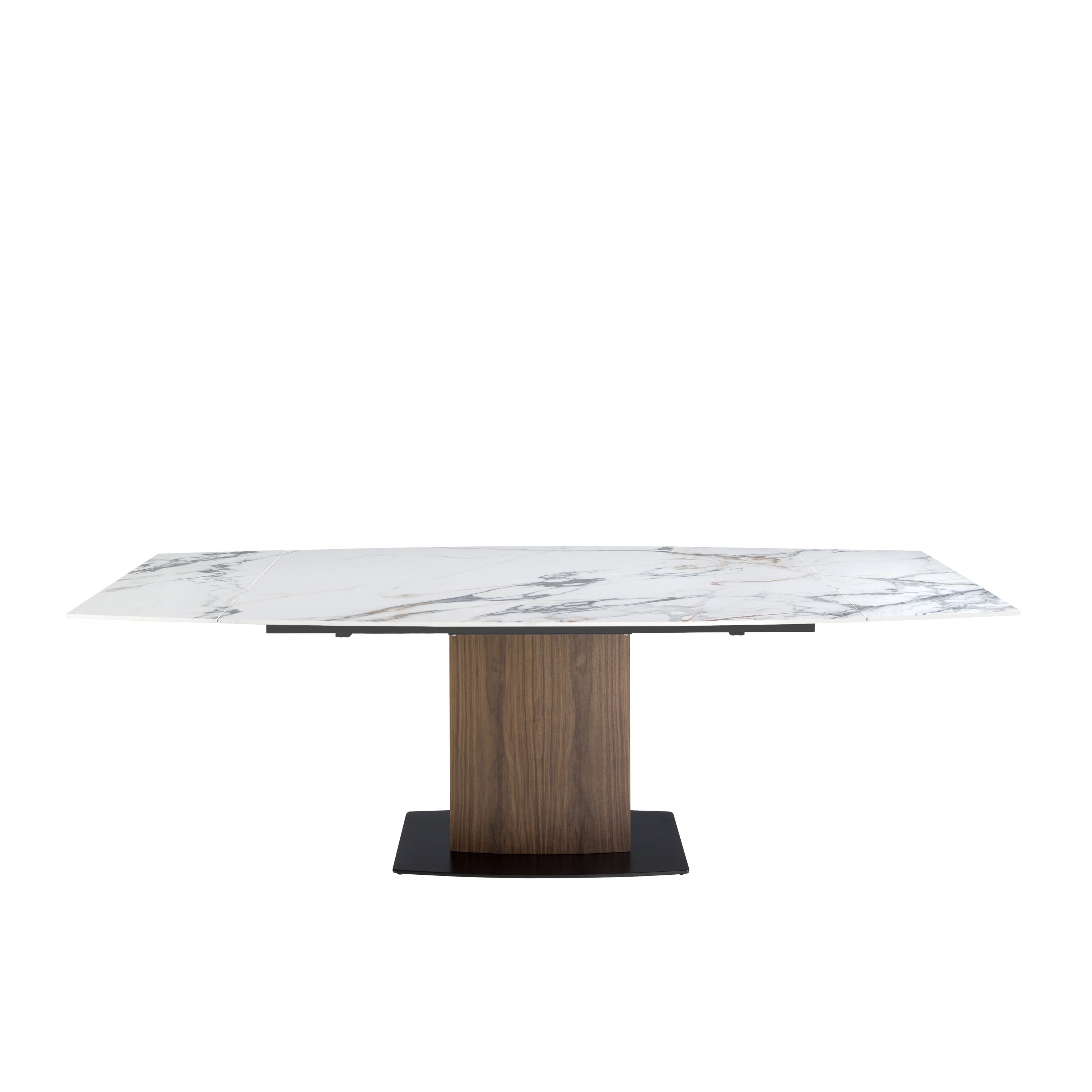 Table à manger à rallonge baril ovale marbre porcelaine et noyer