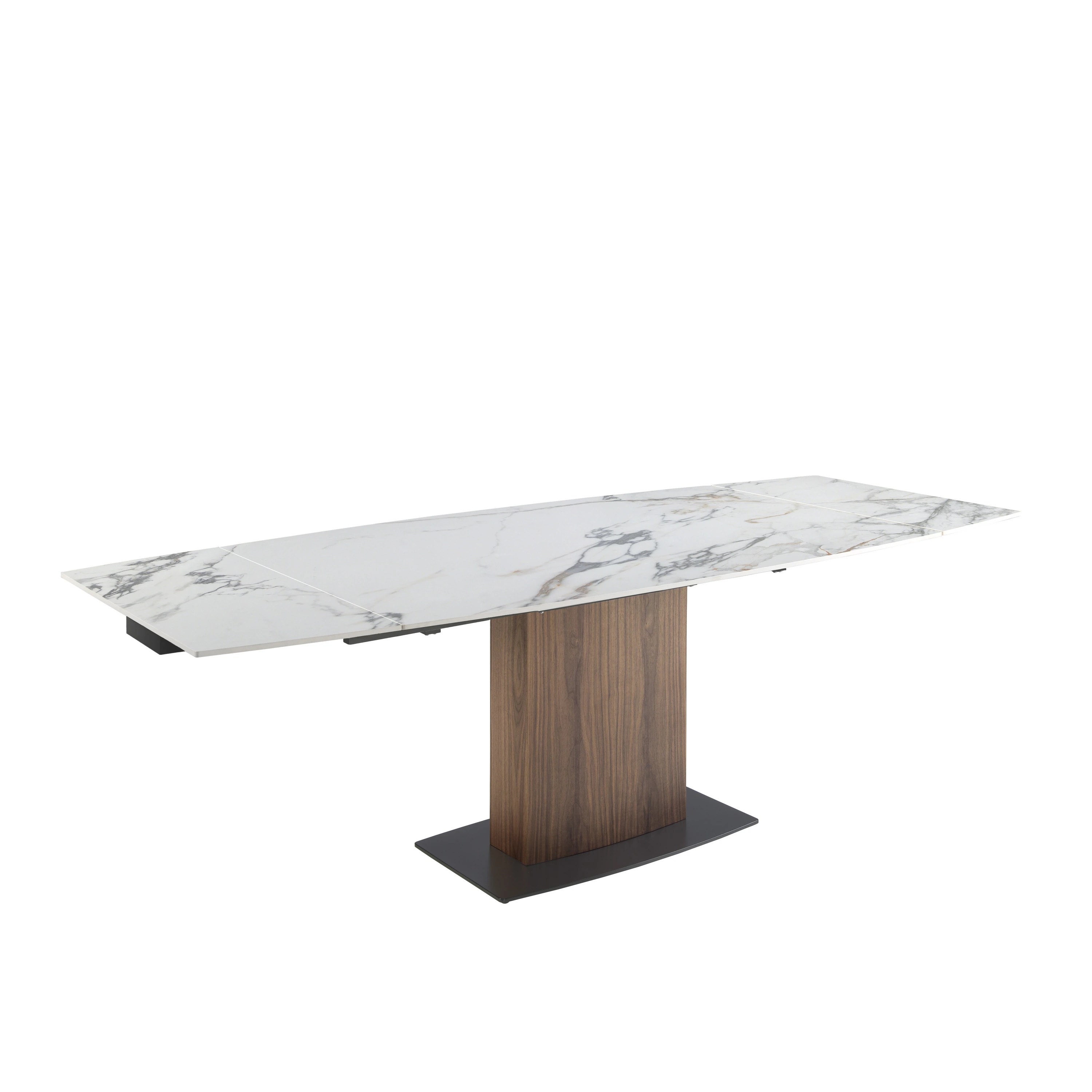 Table à manger à rallonge baril ovale marbre porcelaine et noyer