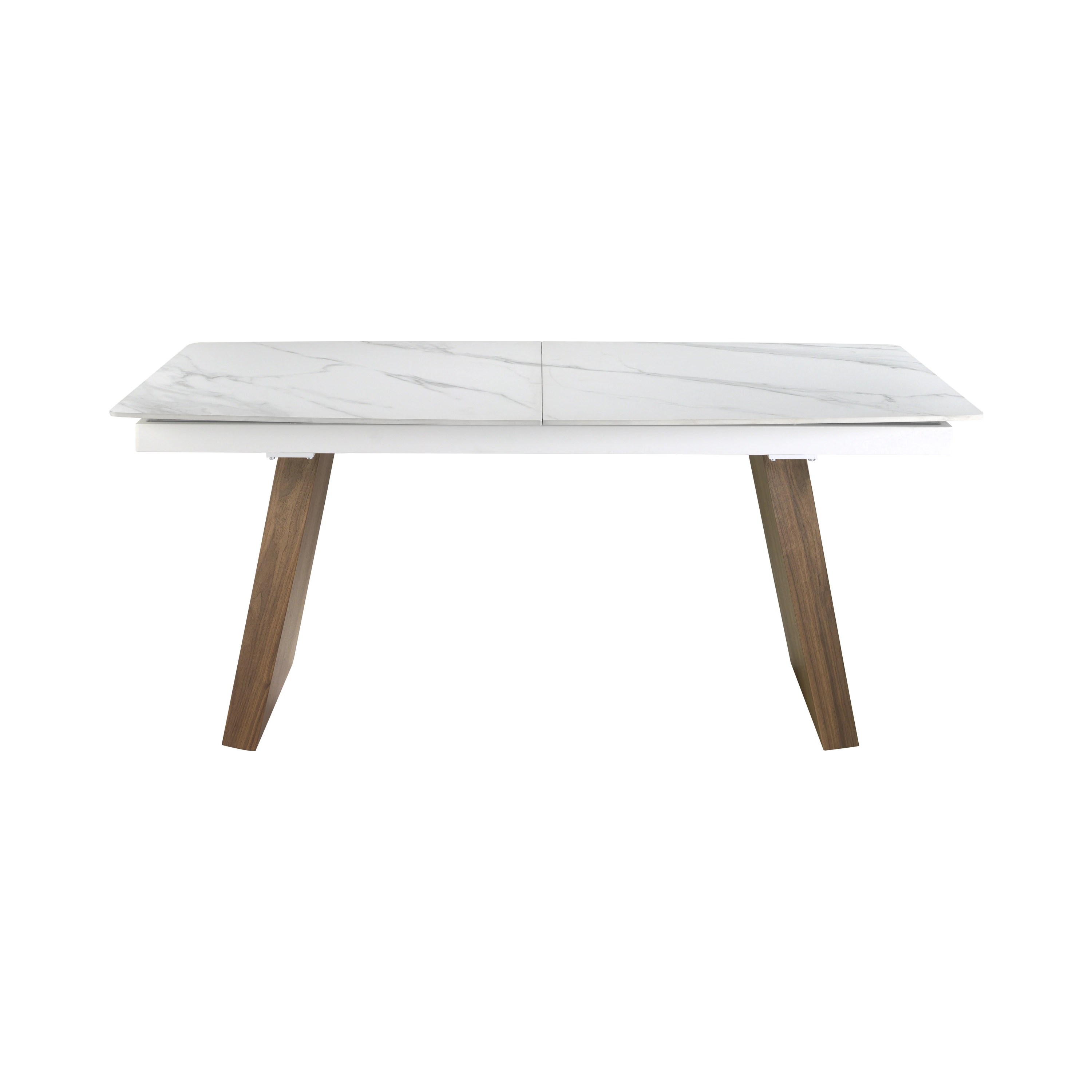 Table à manger à rallonge baril ovale marbre porcelaine et noyer