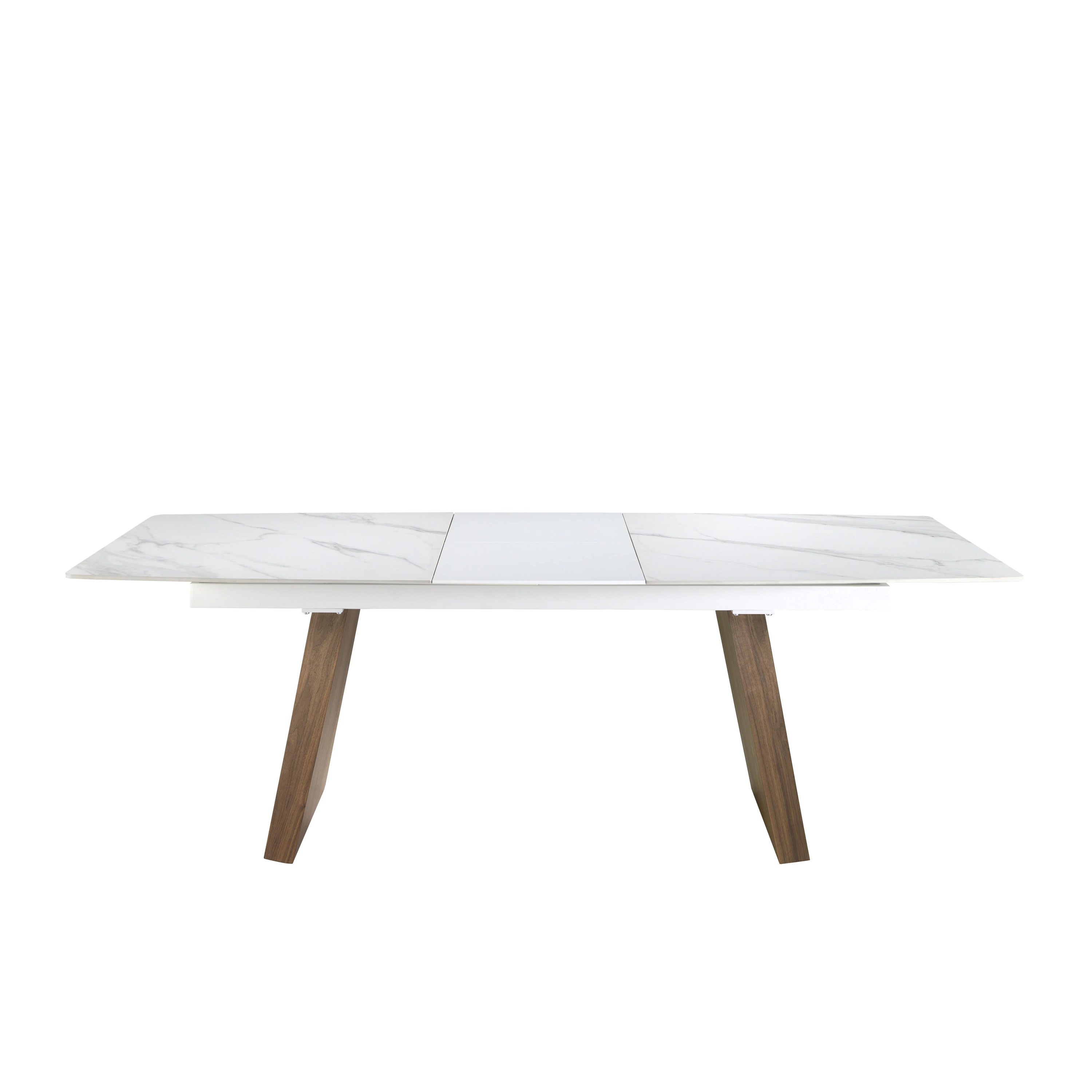 Table à manger à rallonge baril ovale marbre porcelaine et noyer