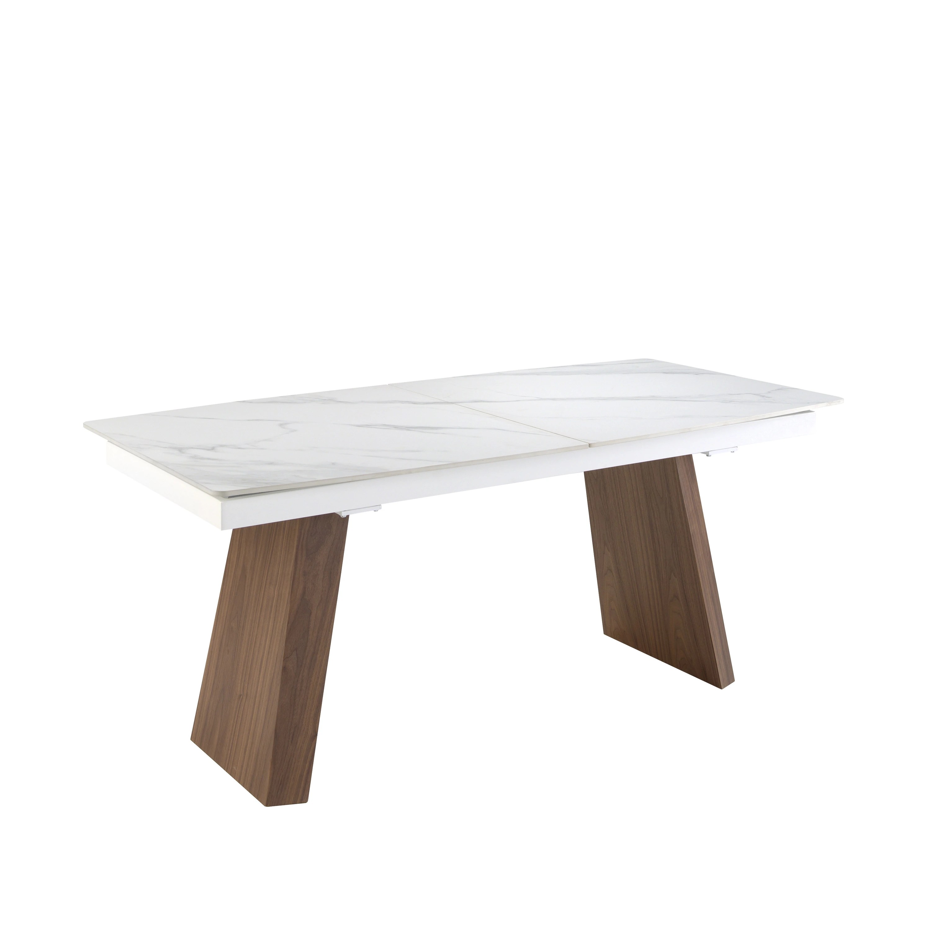 Table à manger à rallonge baril ovale marbre porcelaine et noyer
