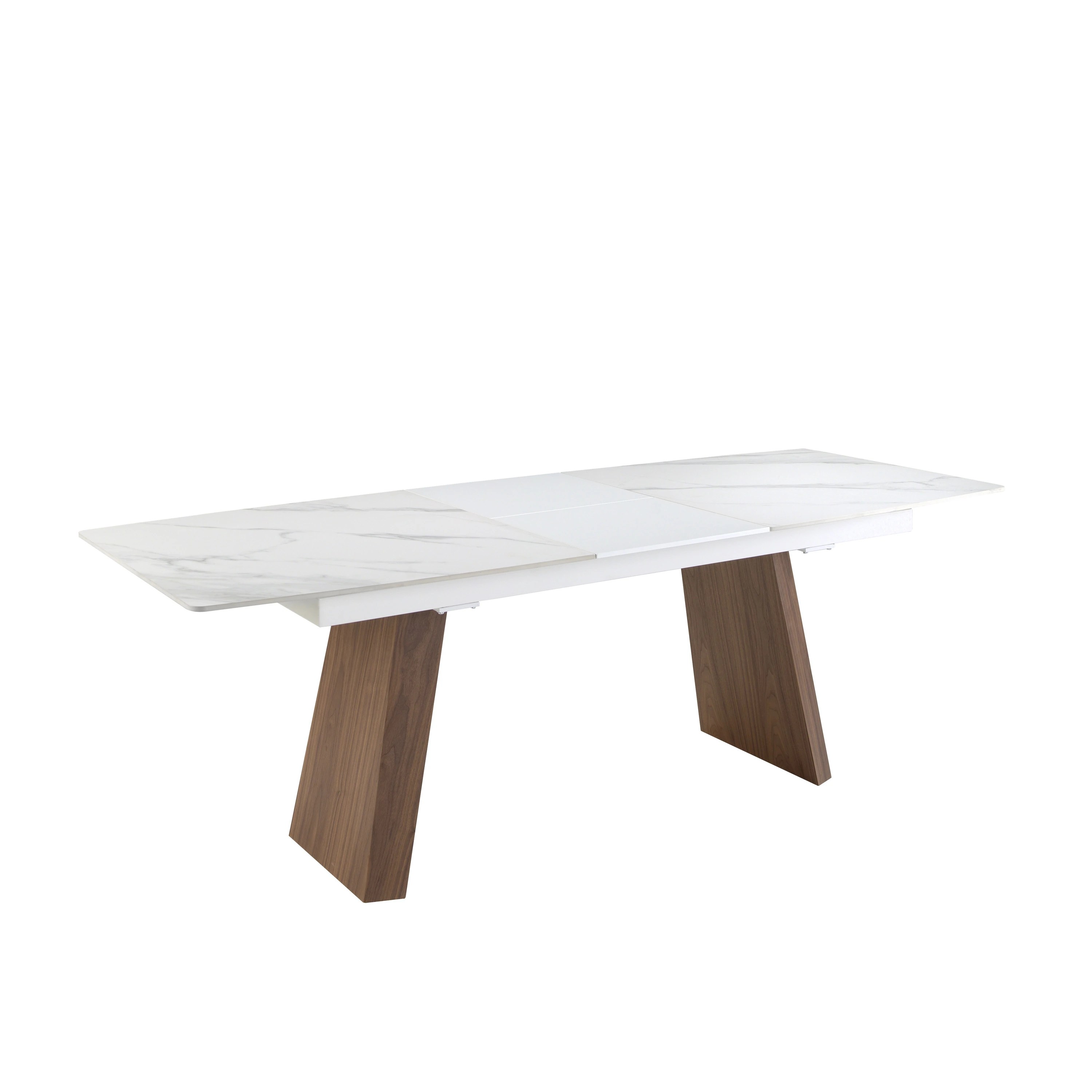 Table à manger à rallonge baril ovale marbre porcelaine et noyer