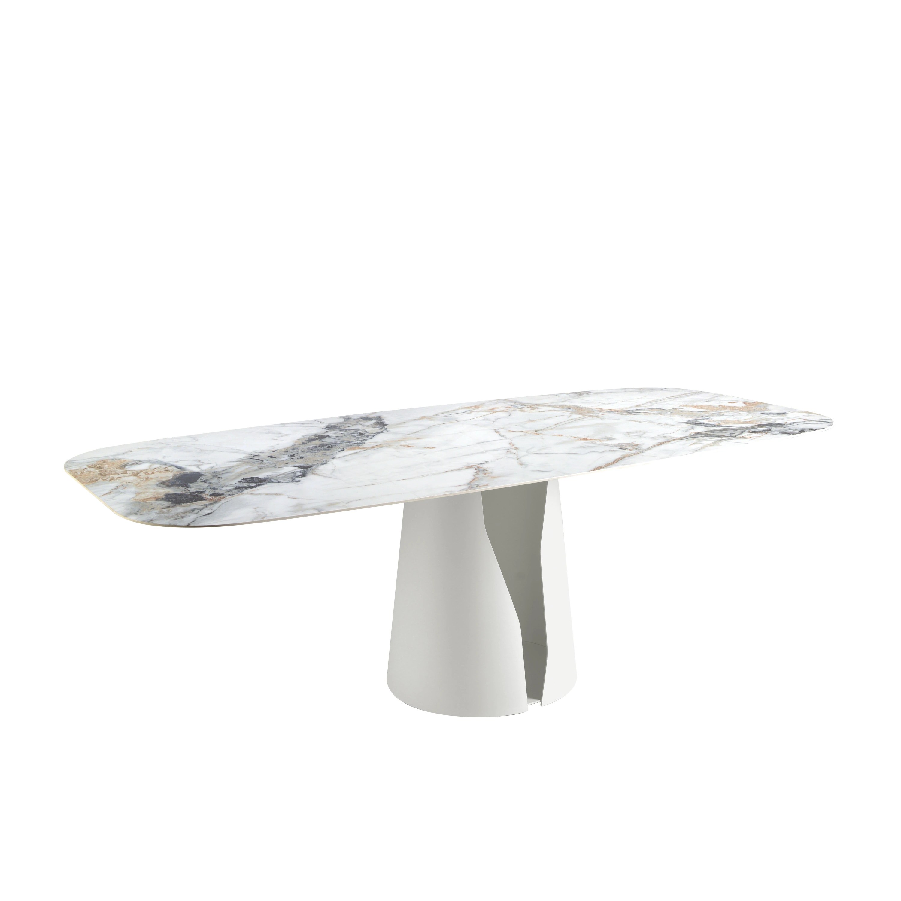 Table à manger baril ovale marbre porcelaine et acier blanc