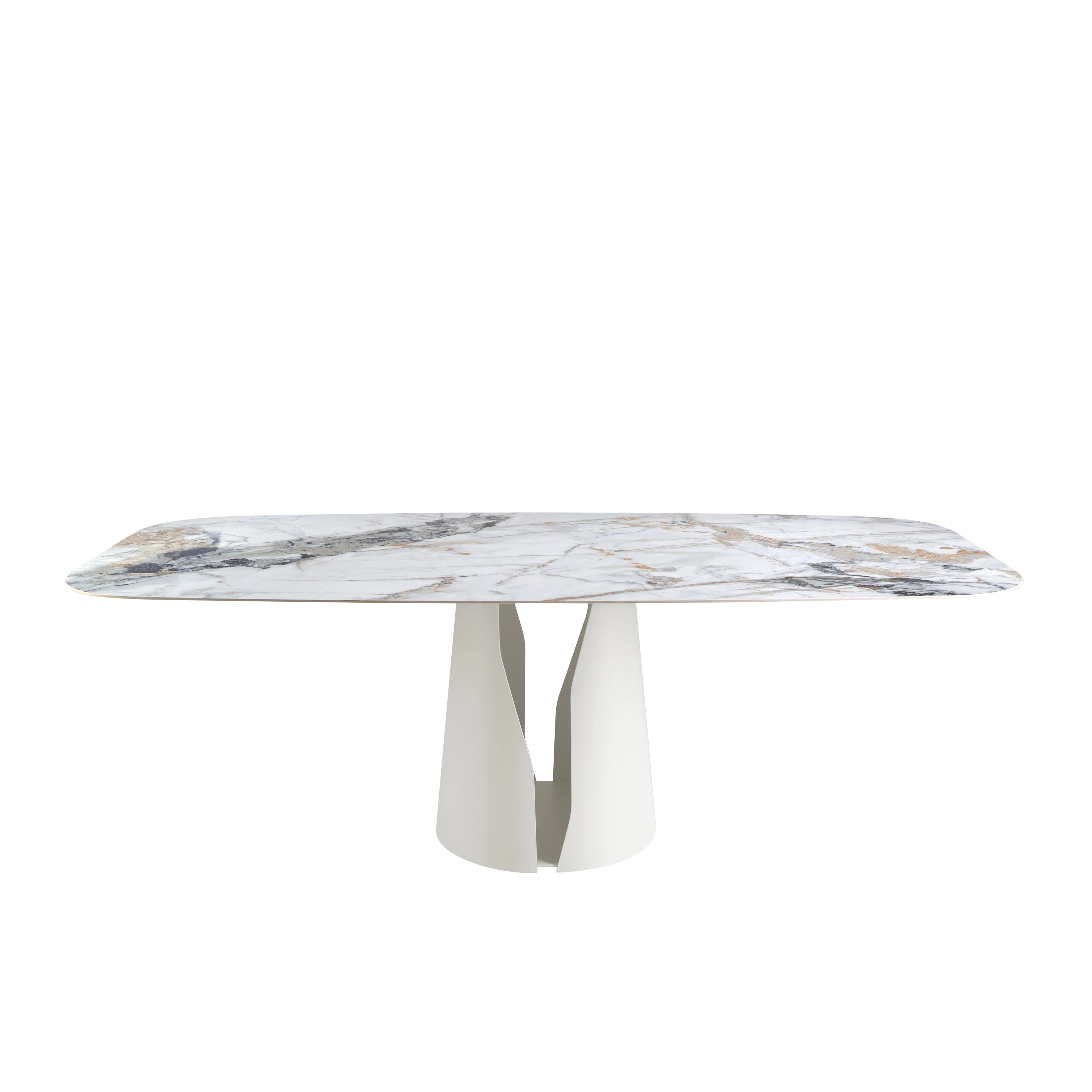 Table à manger baril ovale marbre porcelaine et acier blanc