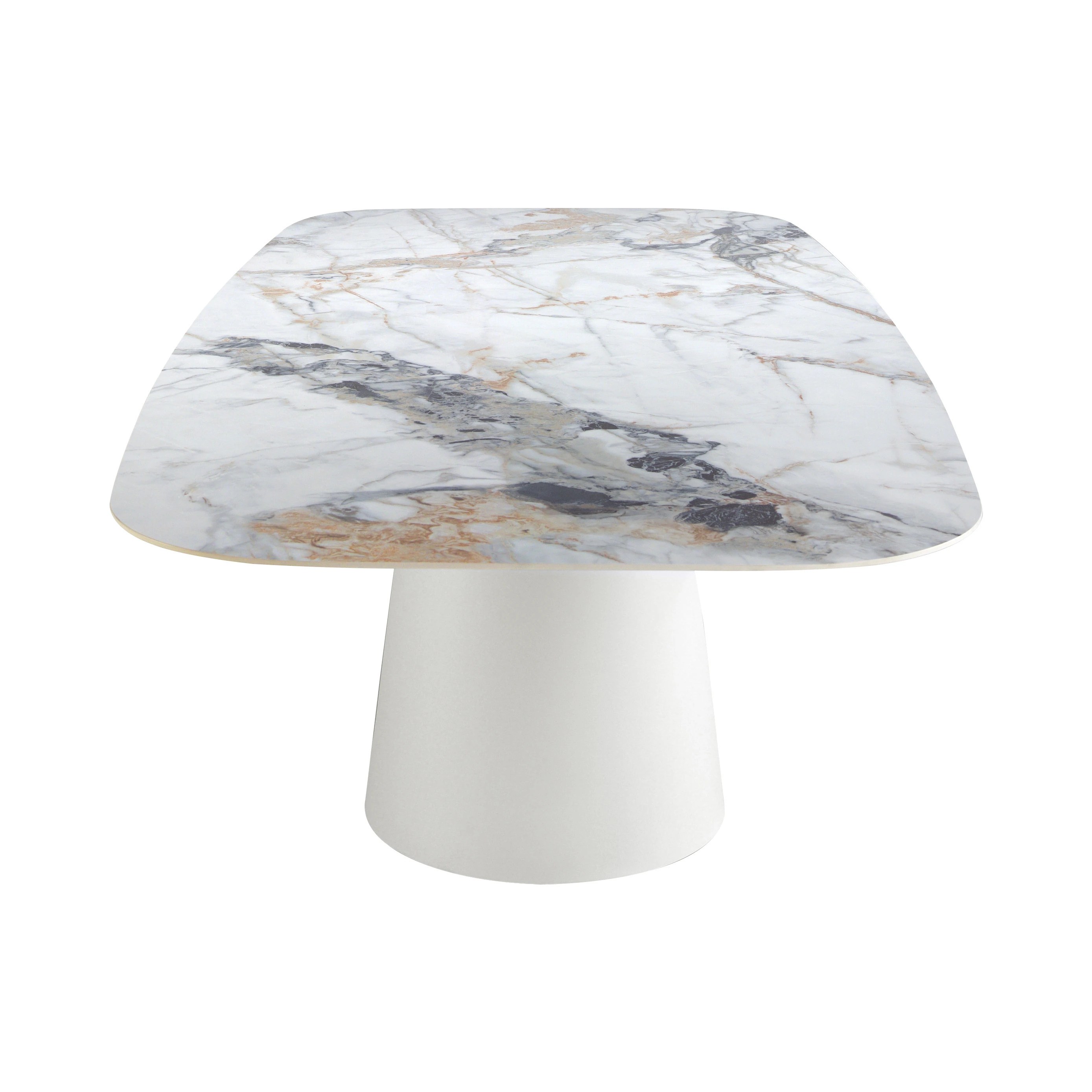 Table à manger baril ovale marbre porcelaine et acier blanc