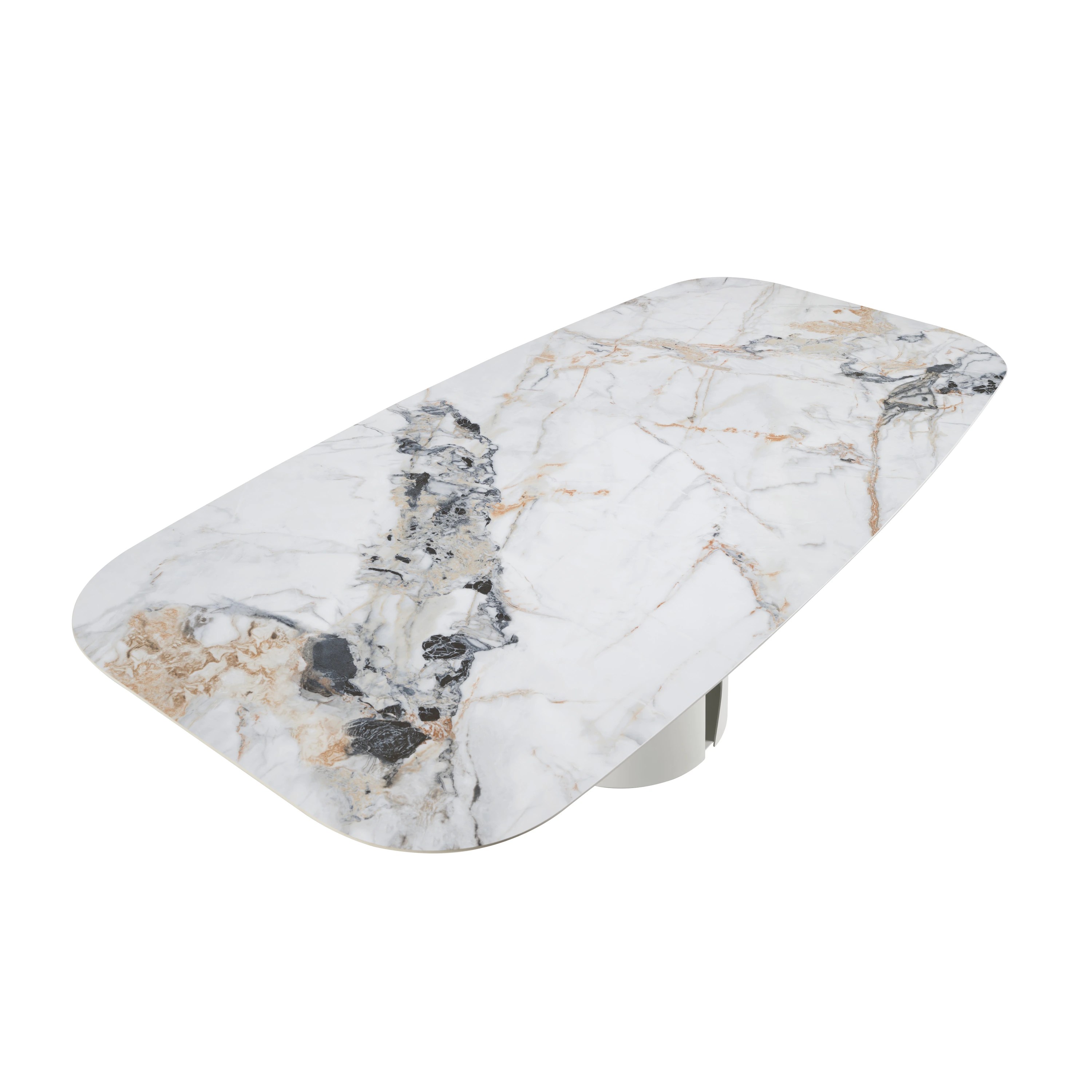 Table à manger baril ovale marbre porcelaine et acier blanc