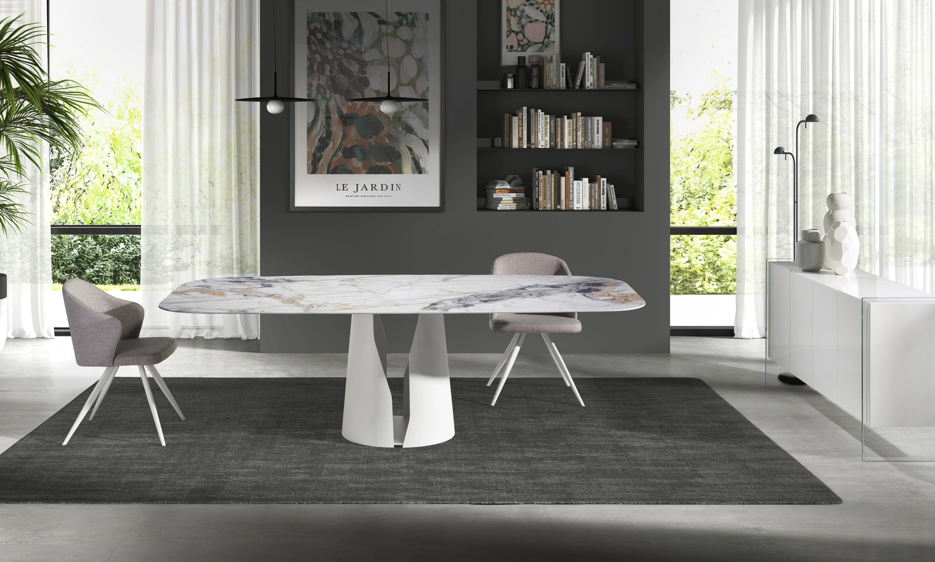 Table à manger baril ovale marbre porcelaine et acier blanc
