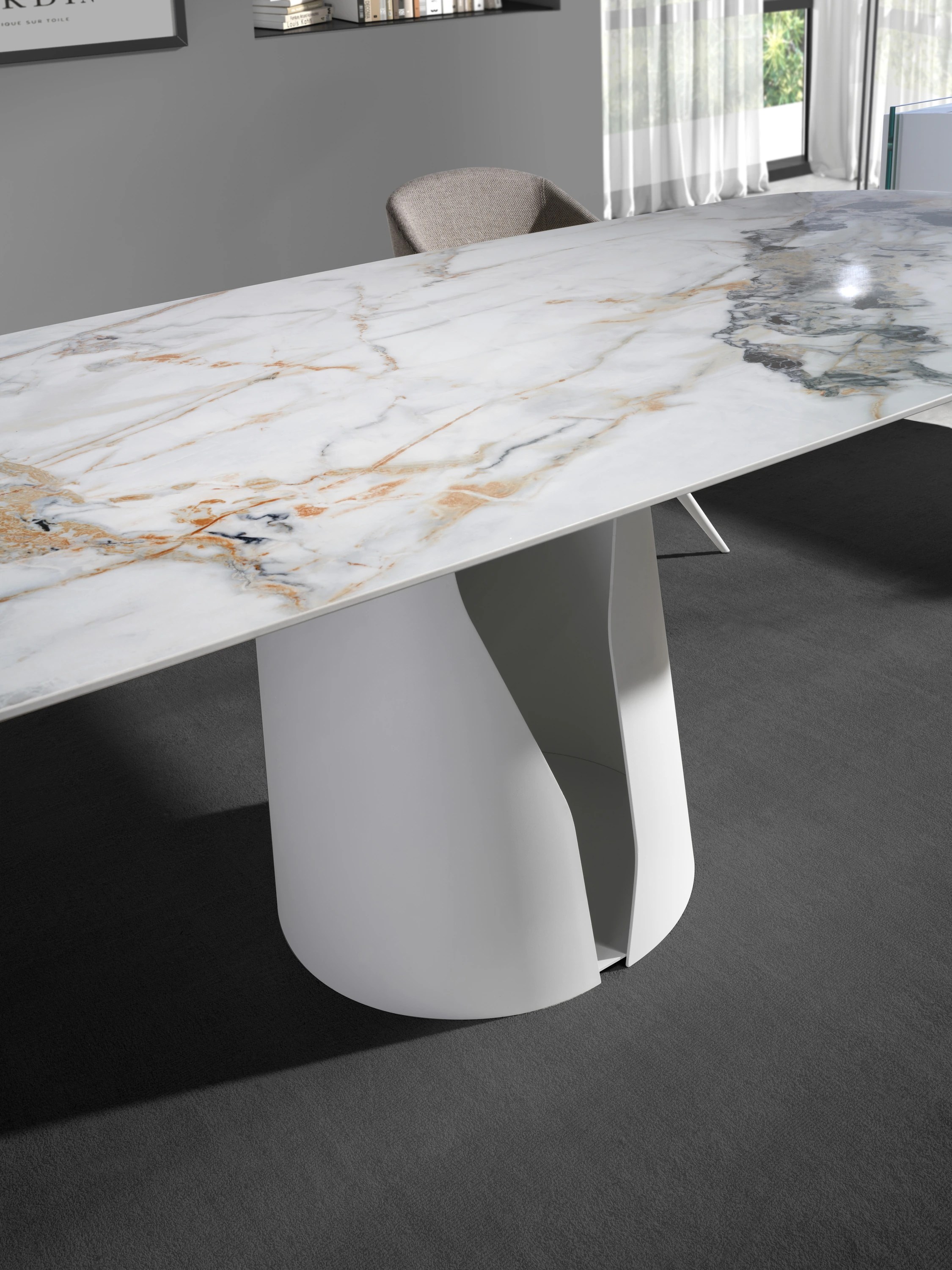 Table à manger baril ovale marbre porcelaine et acier blanc