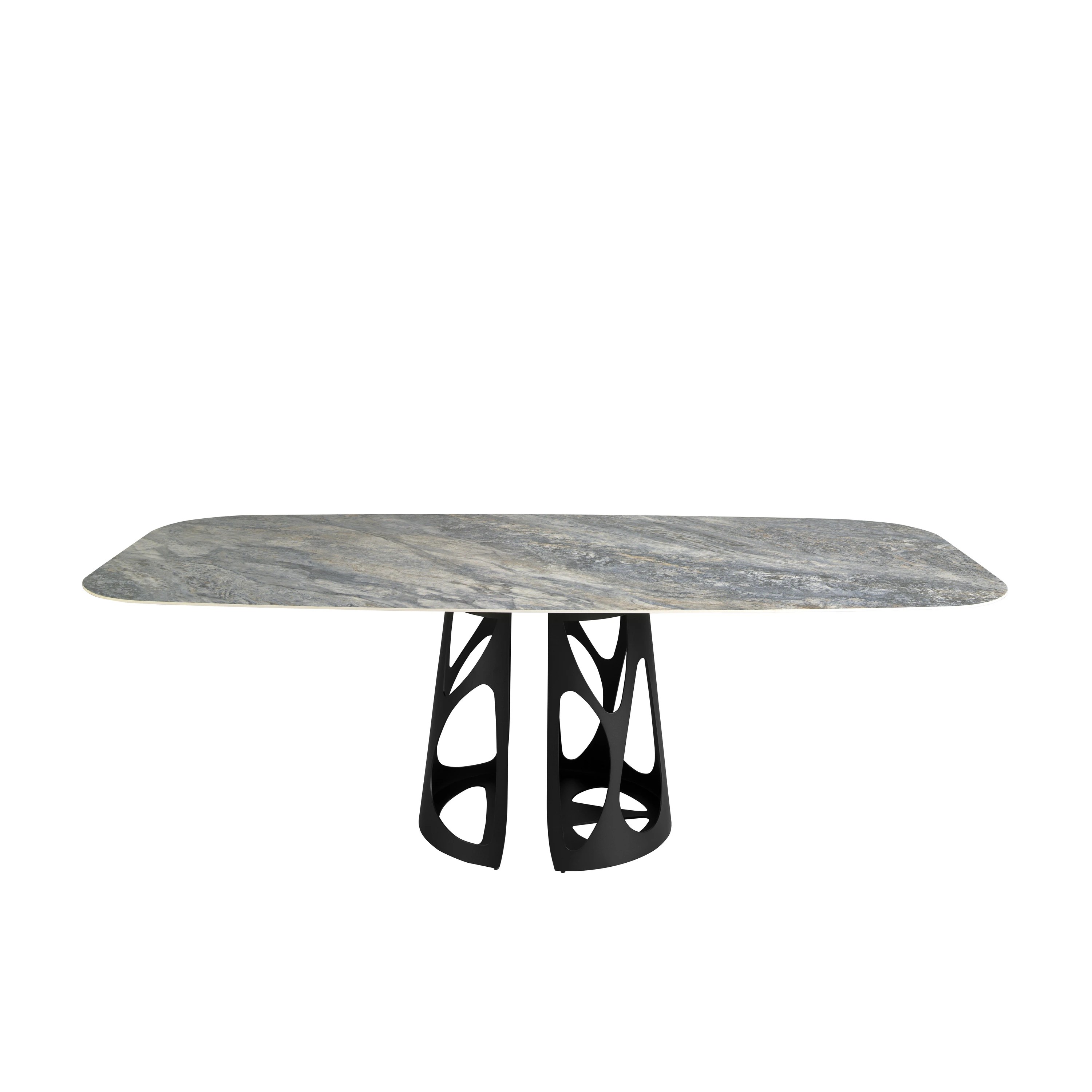 Table à manger baril ovale marbre porcelaine et acier noir