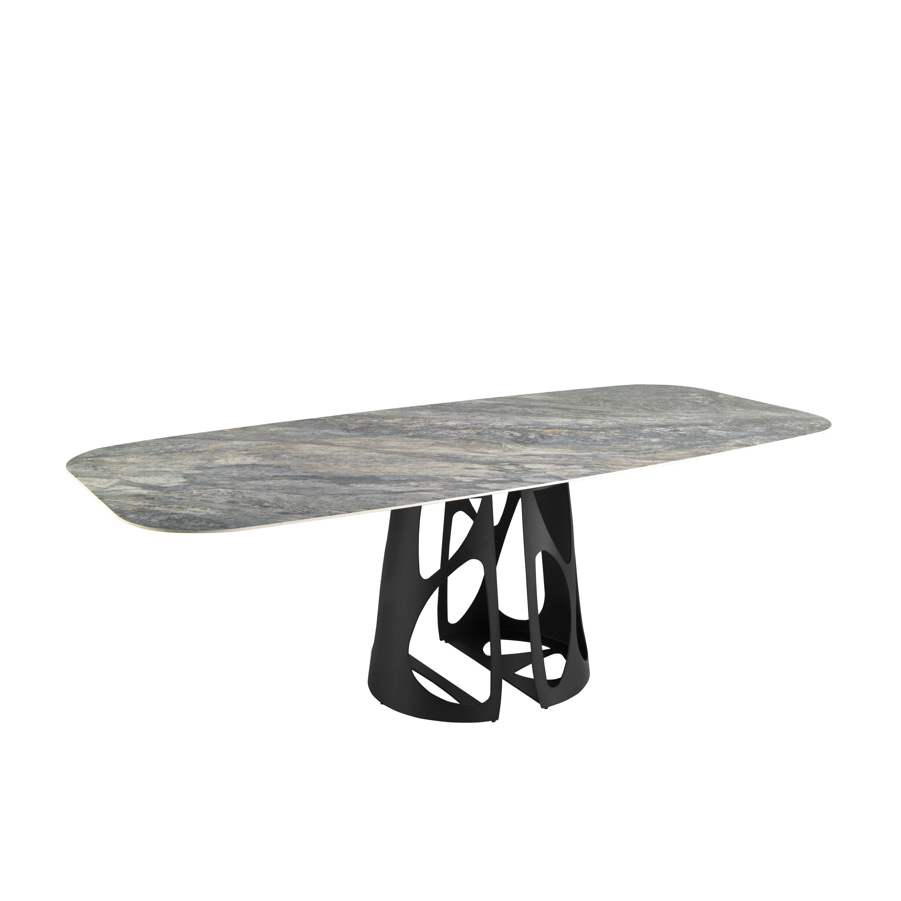 Table à manger baril ovale marbre porcelaine et acier noir