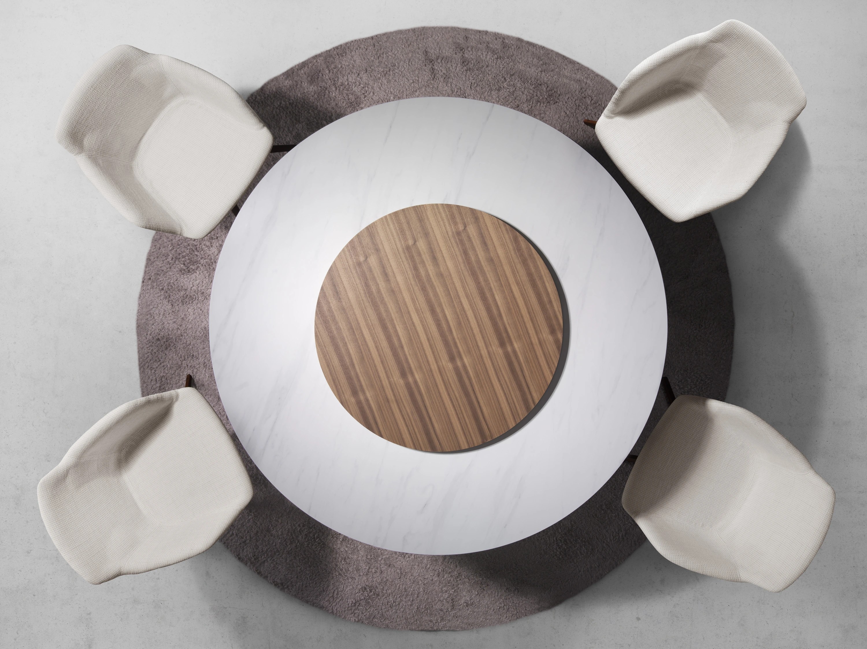 Table à manger ronde marbre porcelaine et noyer