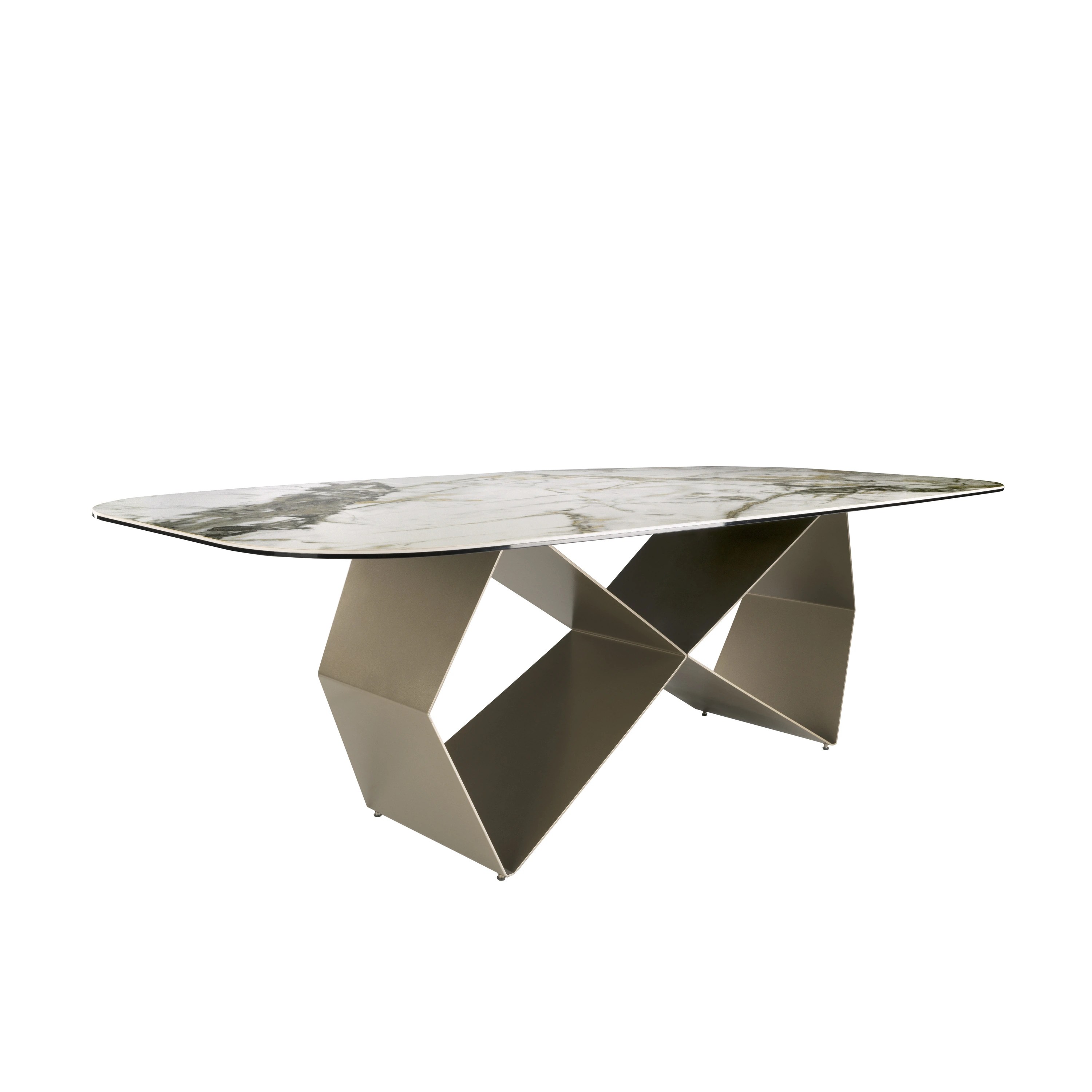 Table de salle à manger rectangulaire en marbre porcelaine et acier couleur champagne