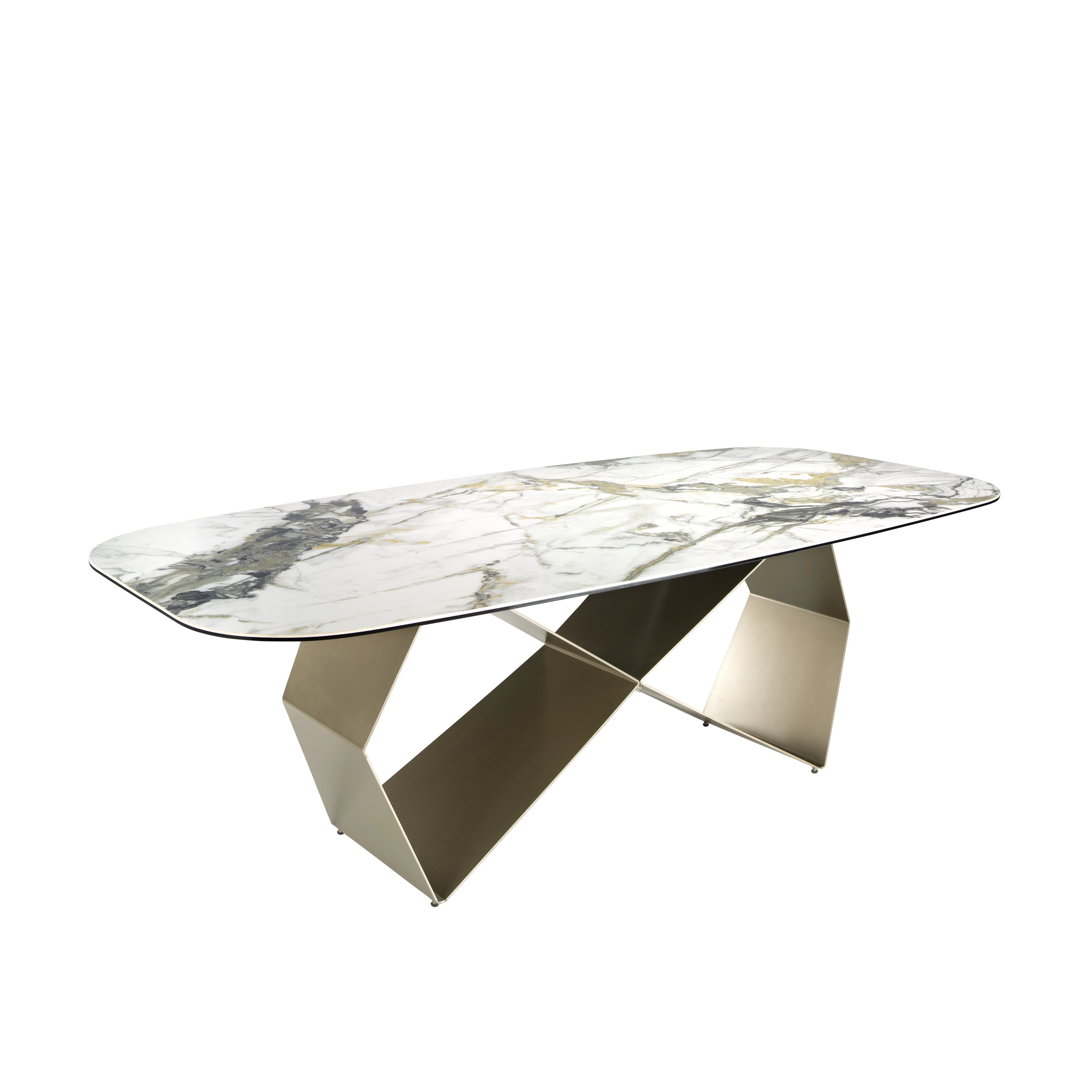 Table de salle à manger rectangulaire en marbre porcelaine et acier couleur champagne