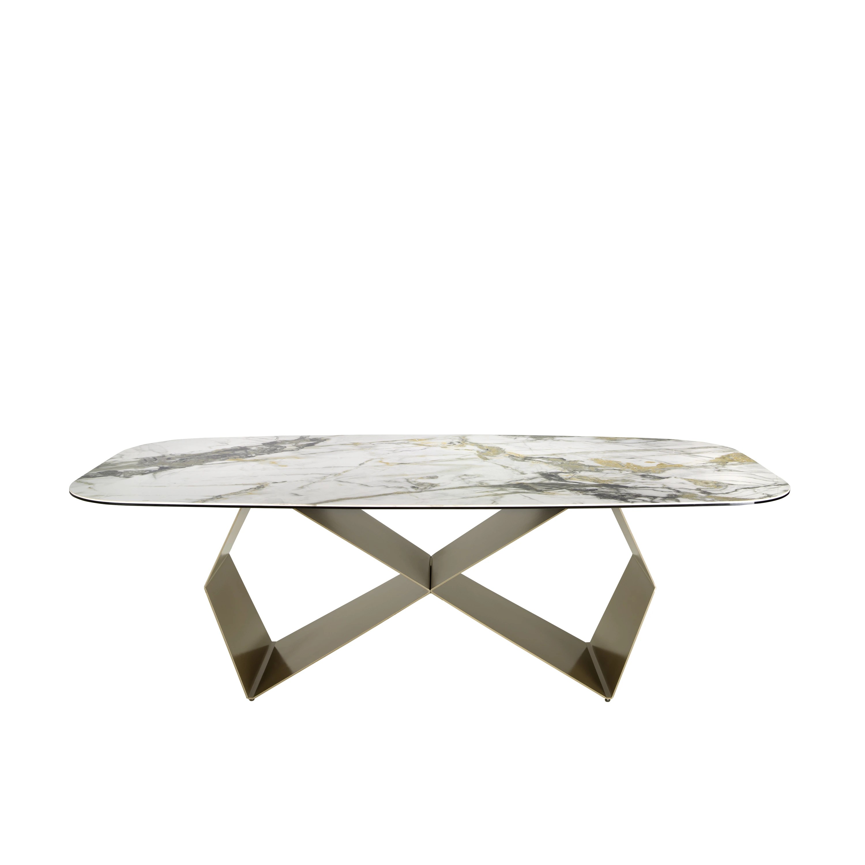 Table de salle à manger rectangulaire en marbre porcelaine et acier couleur champagne