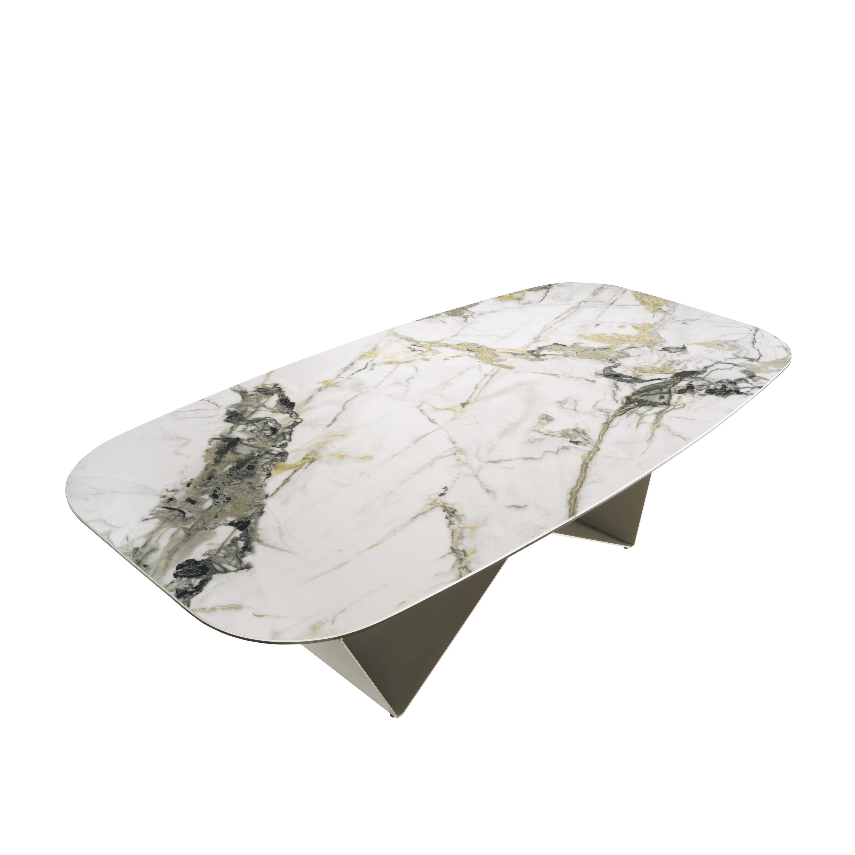 Table de salle à manger rectangulaire en marbre porcelaine et acier couleur champagne