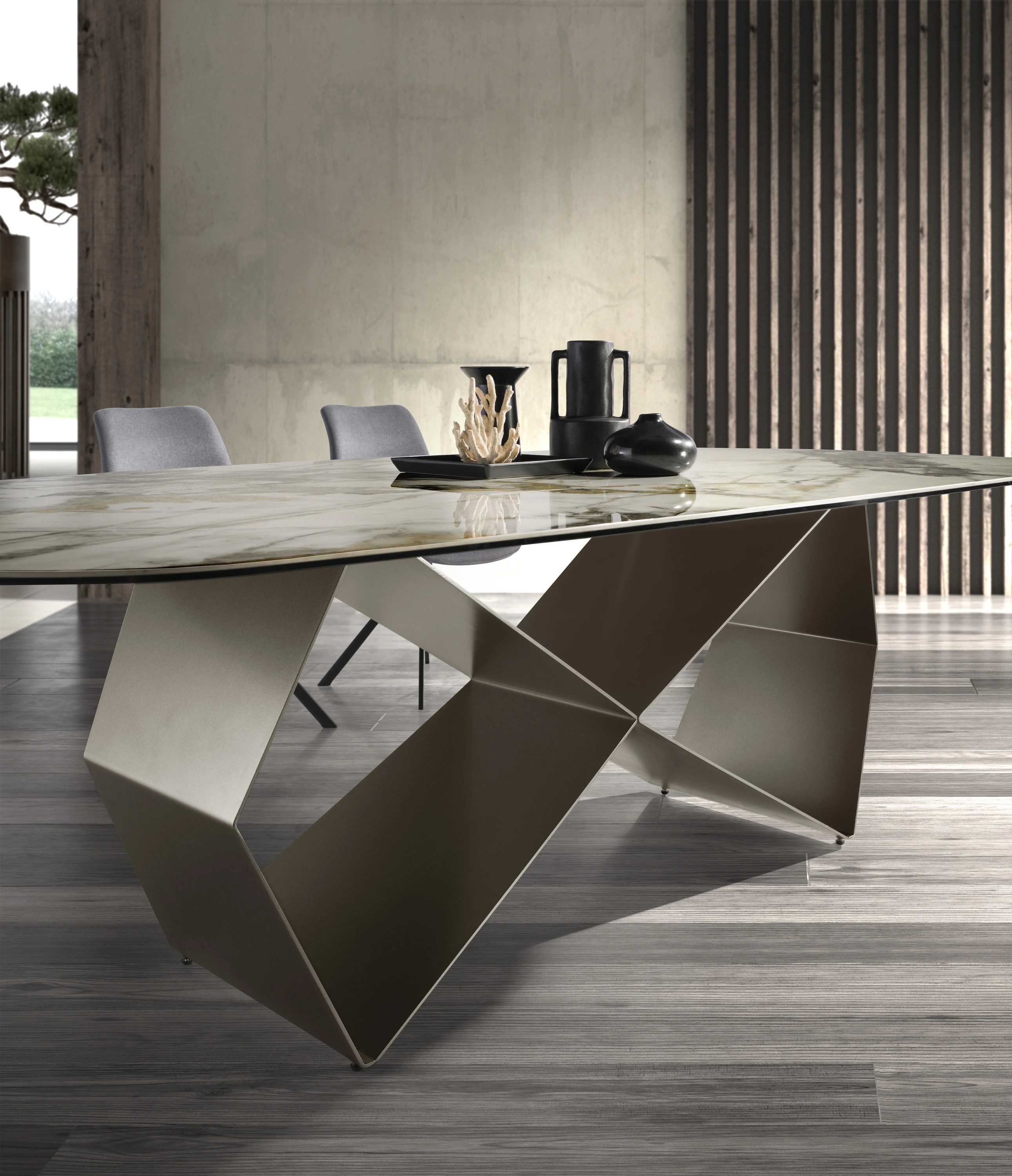 Table de salle à manger rectangulaire en marbre porcelaine et acier couleur champagne