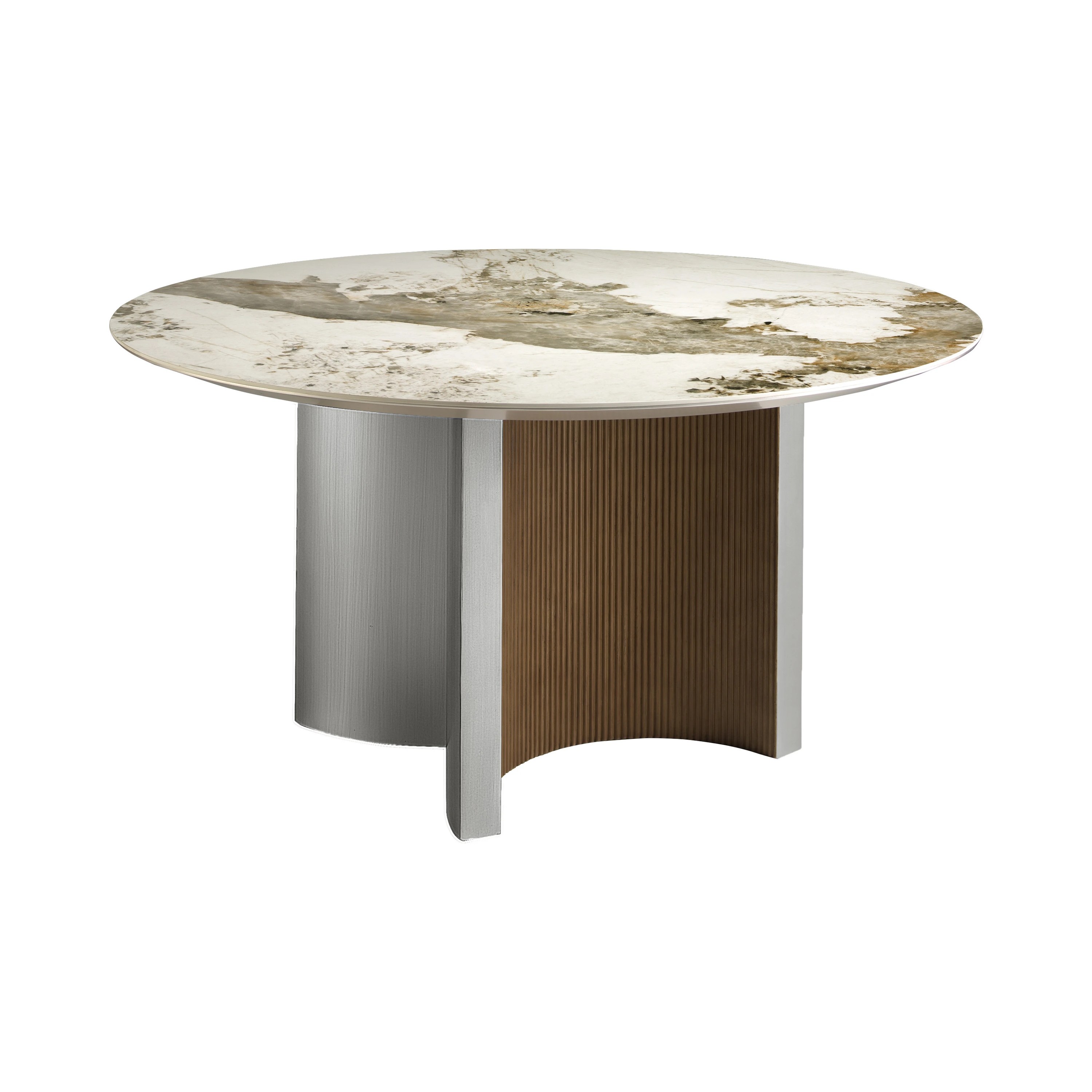 Table de salle à manger ronde en marbre porcelaine, noyer et bois argenté