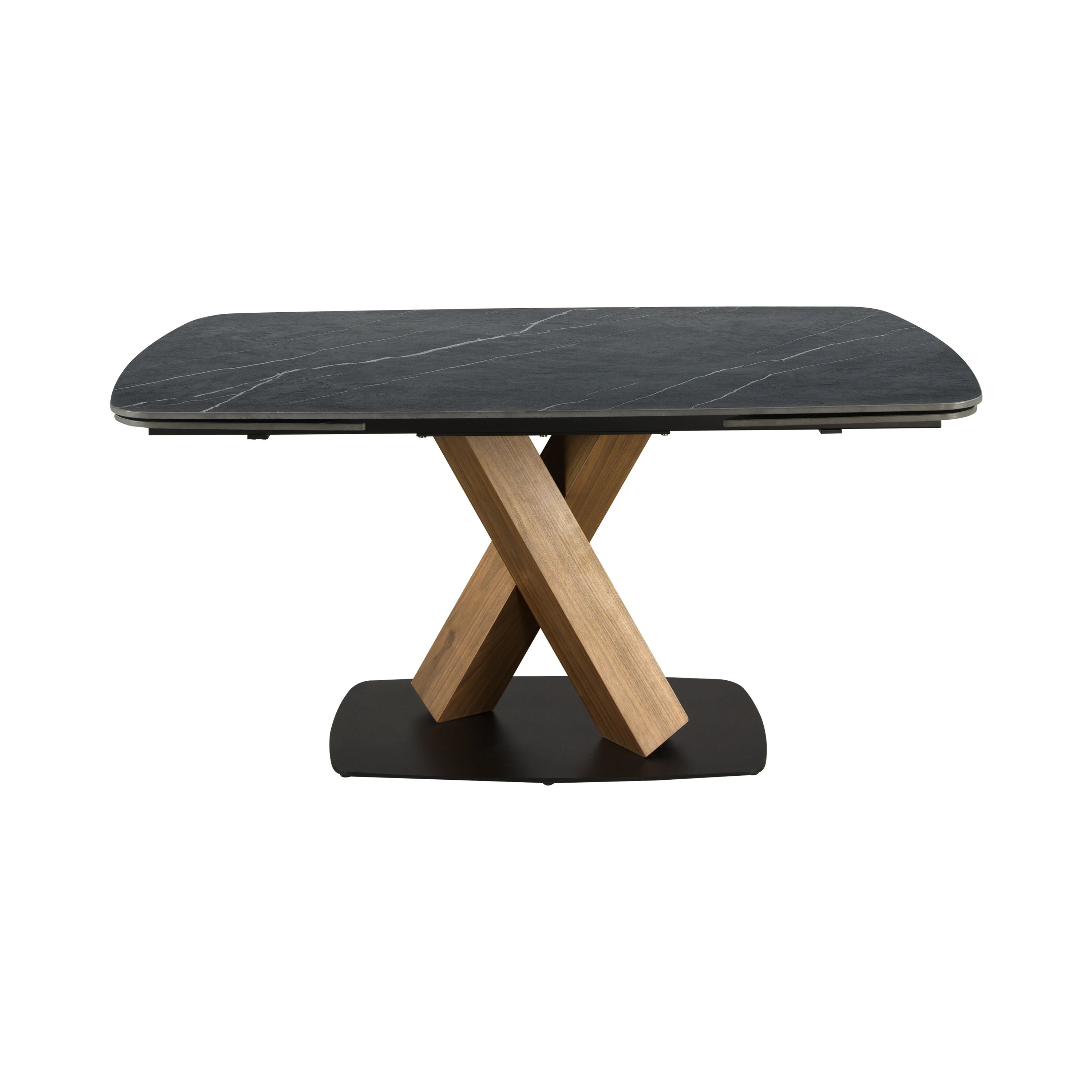 Table de salle à manger ovale à rallonge en marbre de porcelaine et tonneau en noyer
