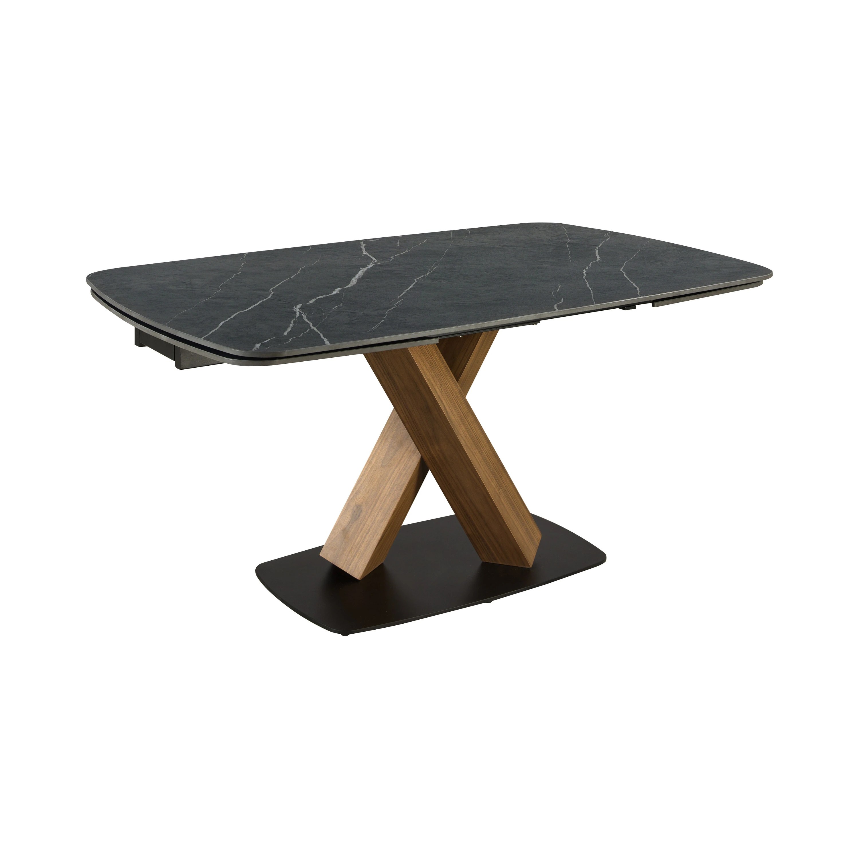 Table de salle à manger ovale à rallonge en marbre de porcelaine et tonneau en noyer
