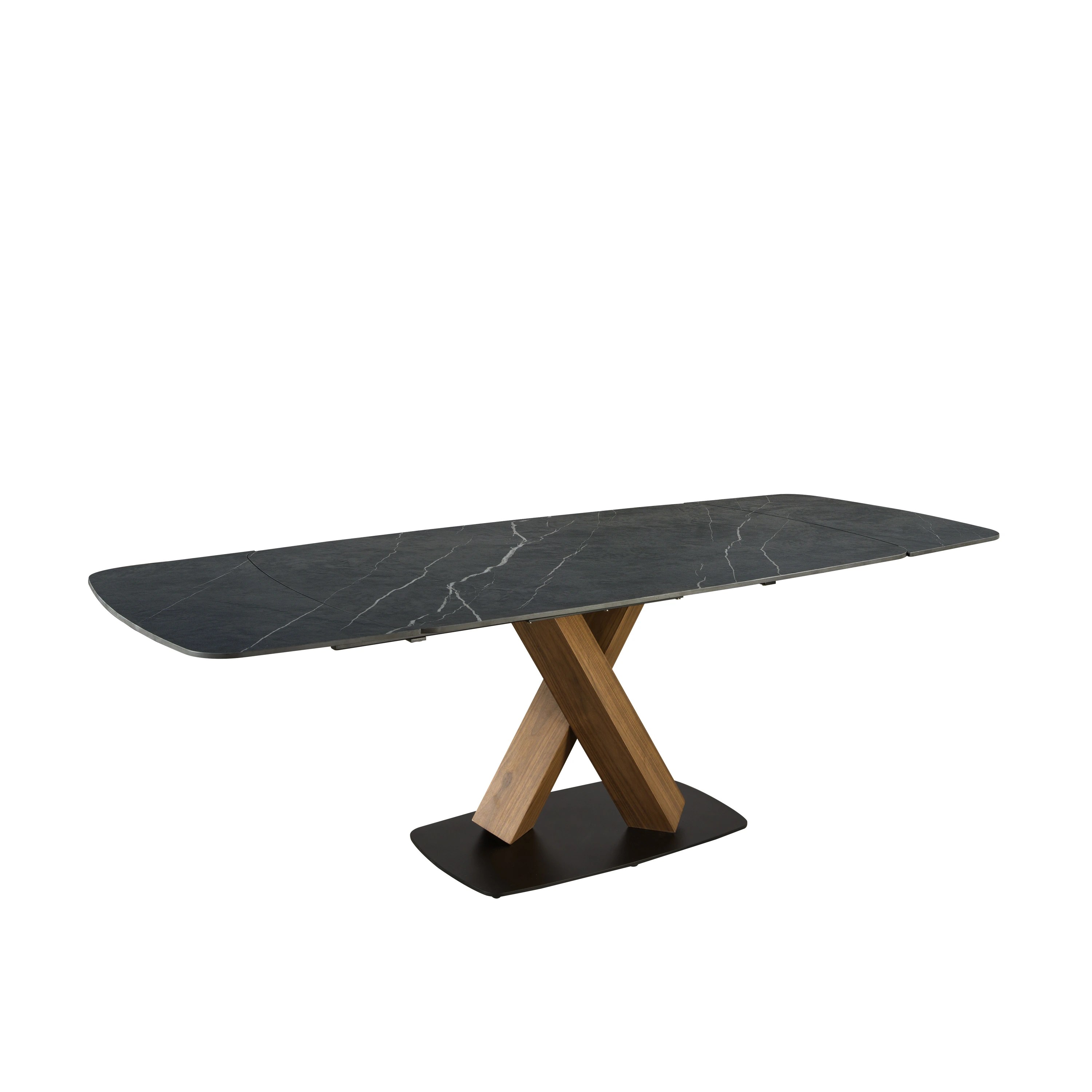 Table de salle à manger ovale à rallonge en marbre de porcelaine et tonneau en noyer